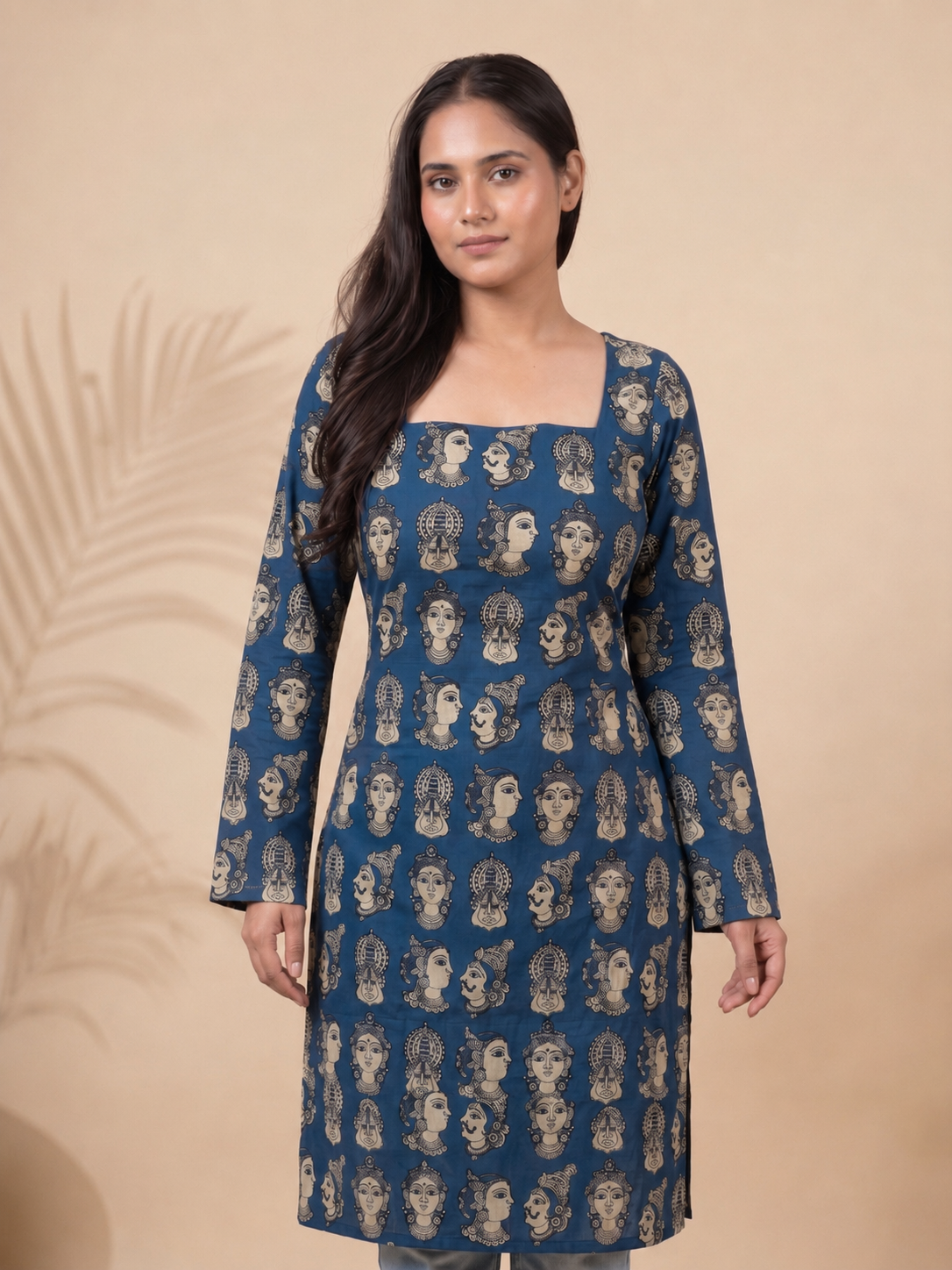 Blue Face Print Long Cotton Kurti