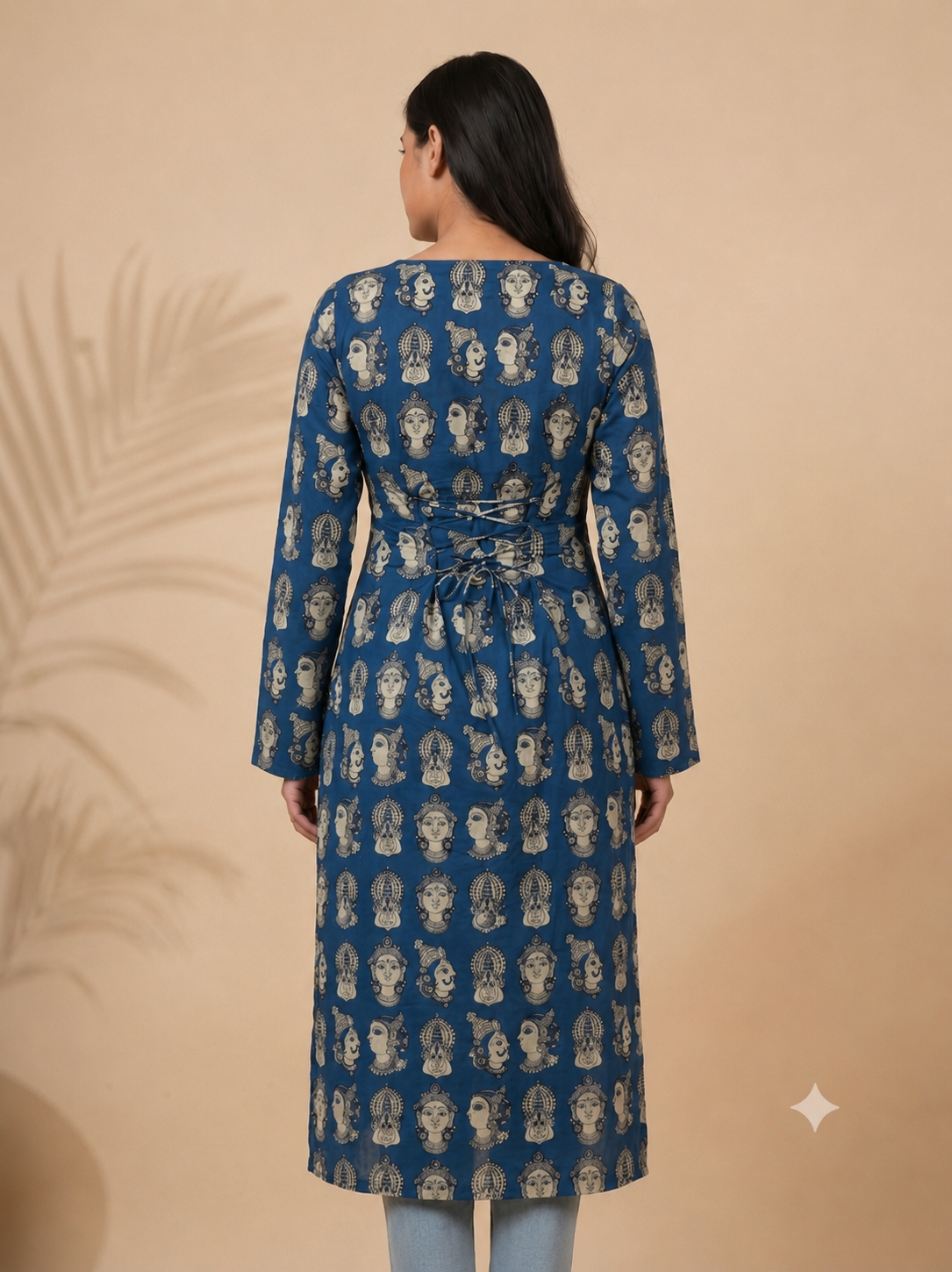 Blue Face Print Long Cotton Kurti