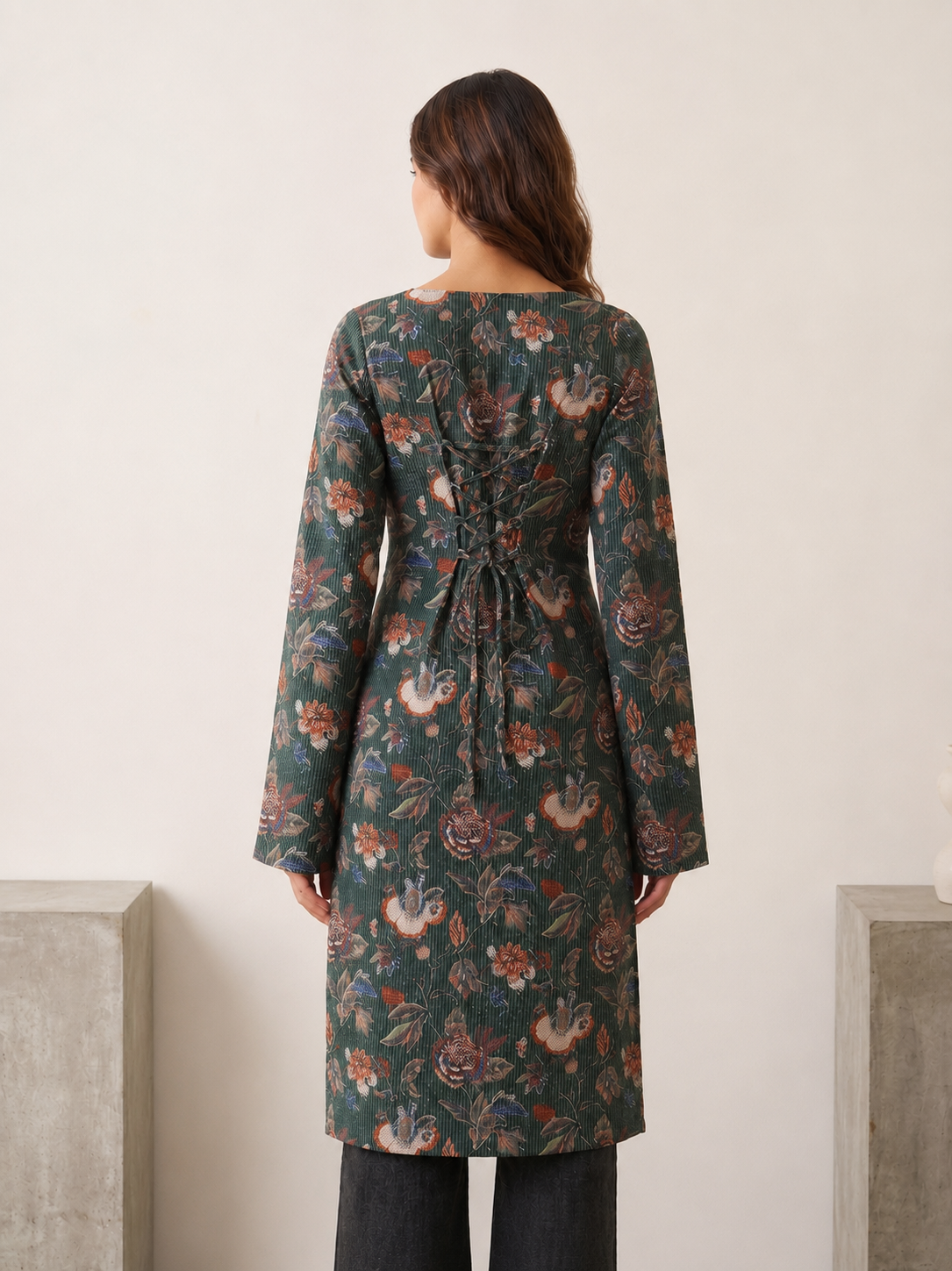 Forest Green Floral Kantha Cotton Long Kurti
