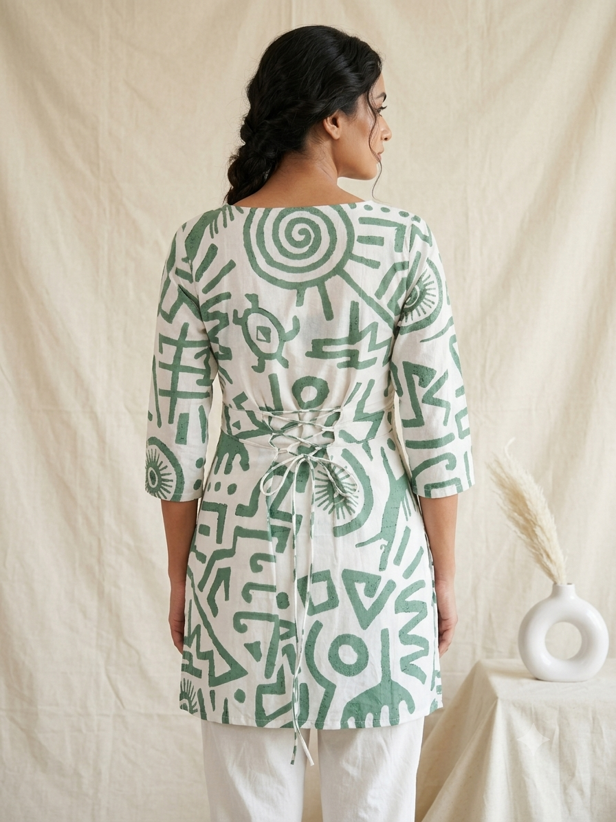 Chitrakala Short Kurti - White Green
