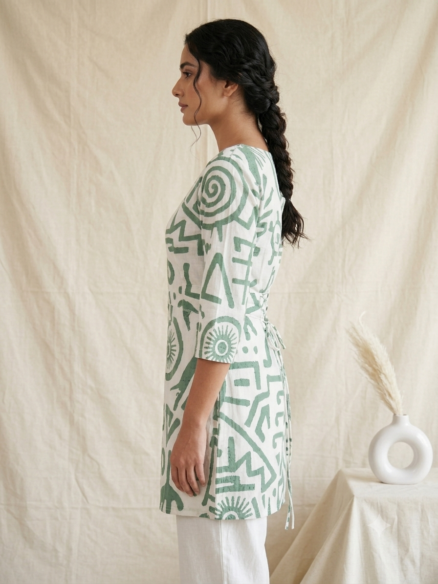 Chitrakala Short Kurti - White Green