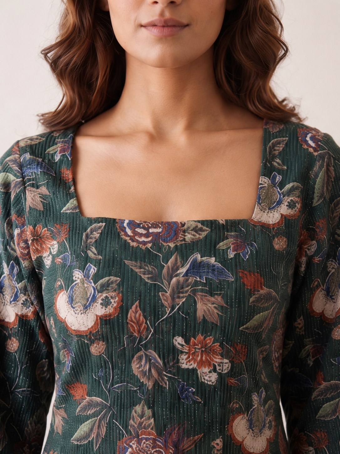 Forest Green Floral Kantha Cotton Long Kurti