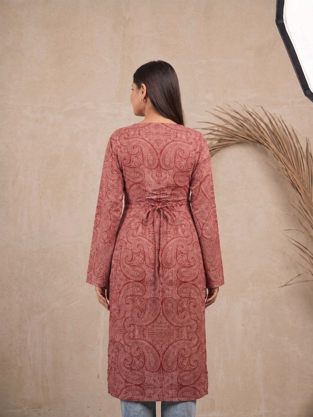 Red Paisley Print Long Square Neck Cotton Kurti