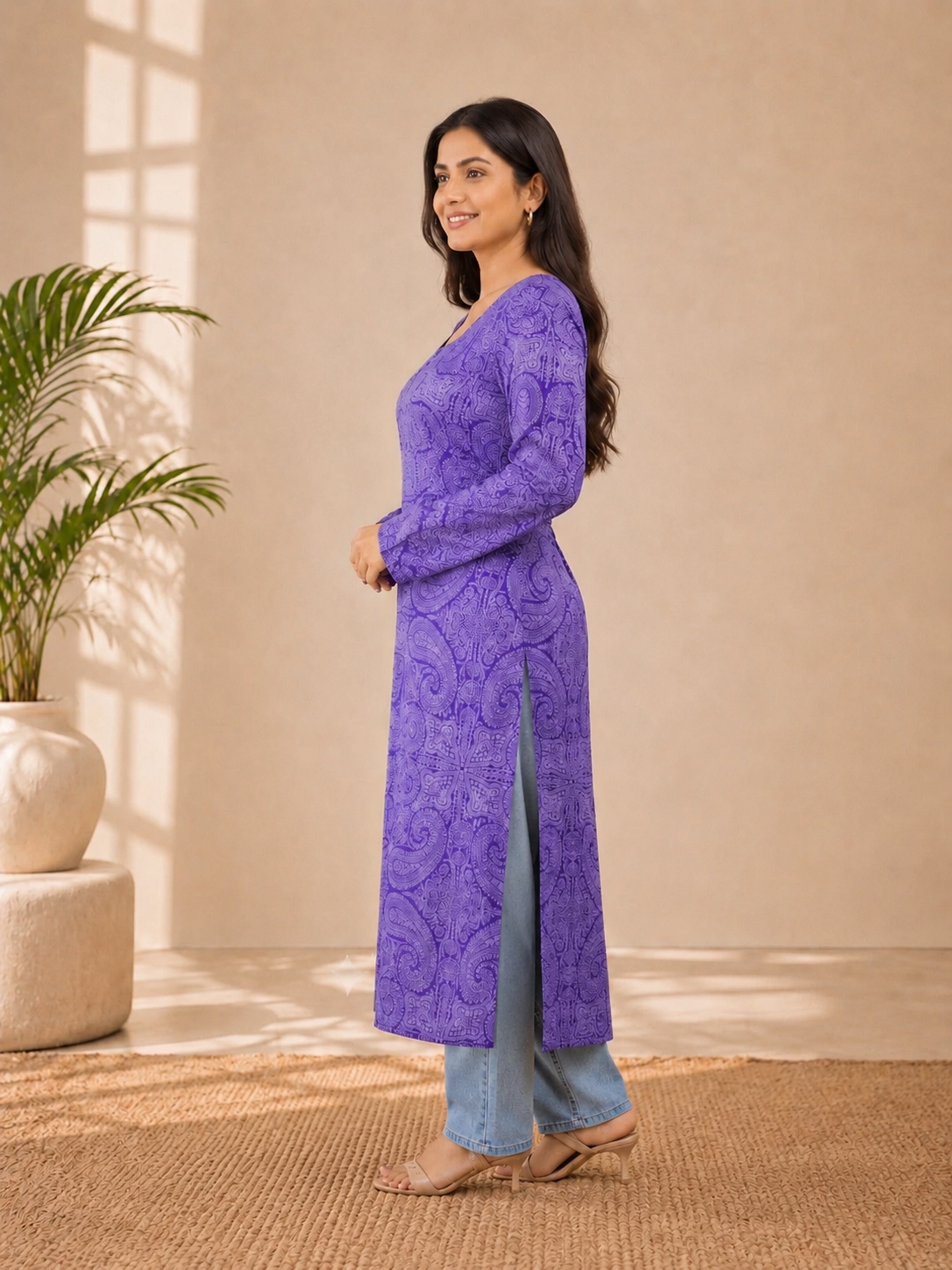 Purple Paisley Print Square Neck Long Cotton Kurti