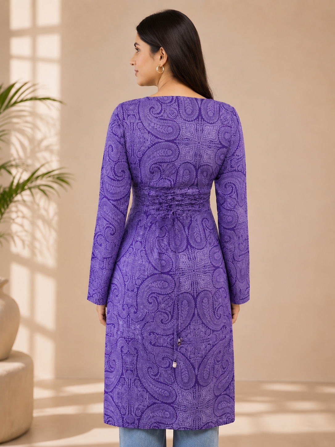 Purple Paisley Print Square Neck Long Cotton Kurti