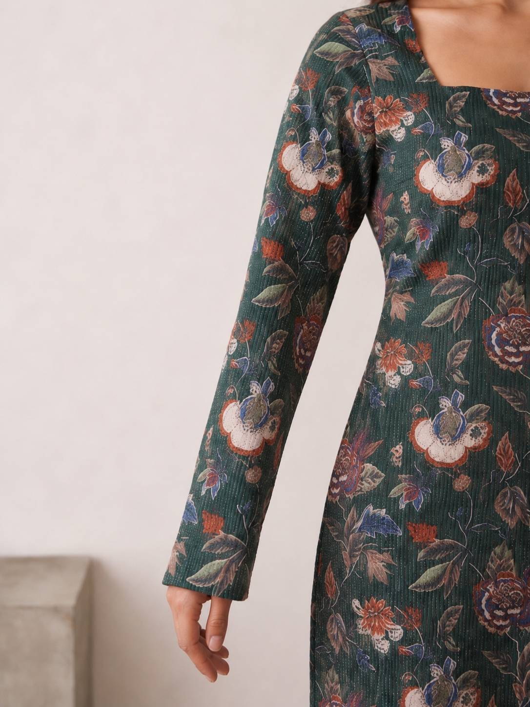 Forest Green Floral Kantha Cotton Long Kurti