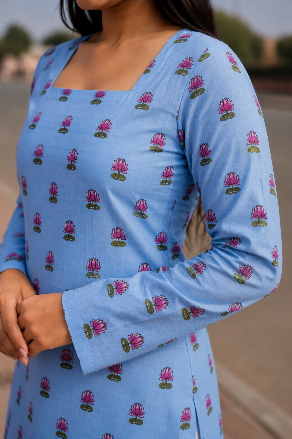 Blue Lotus Print Long Square Neck Cotton Kurti