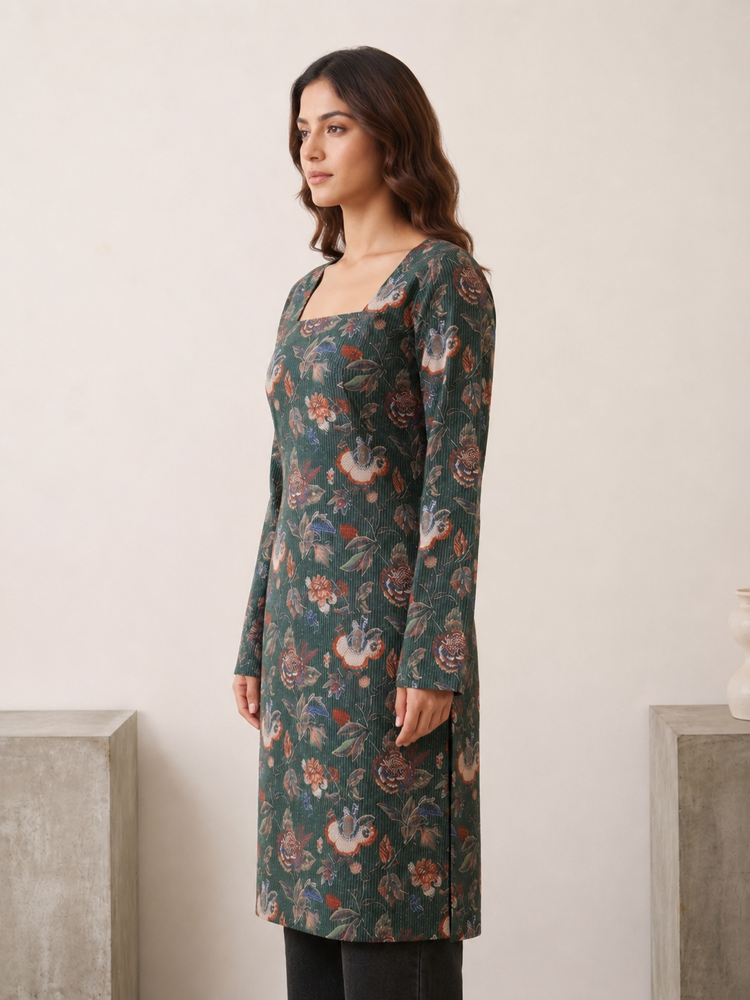 Forest Green Floral Kantha Cotton Long Kurti