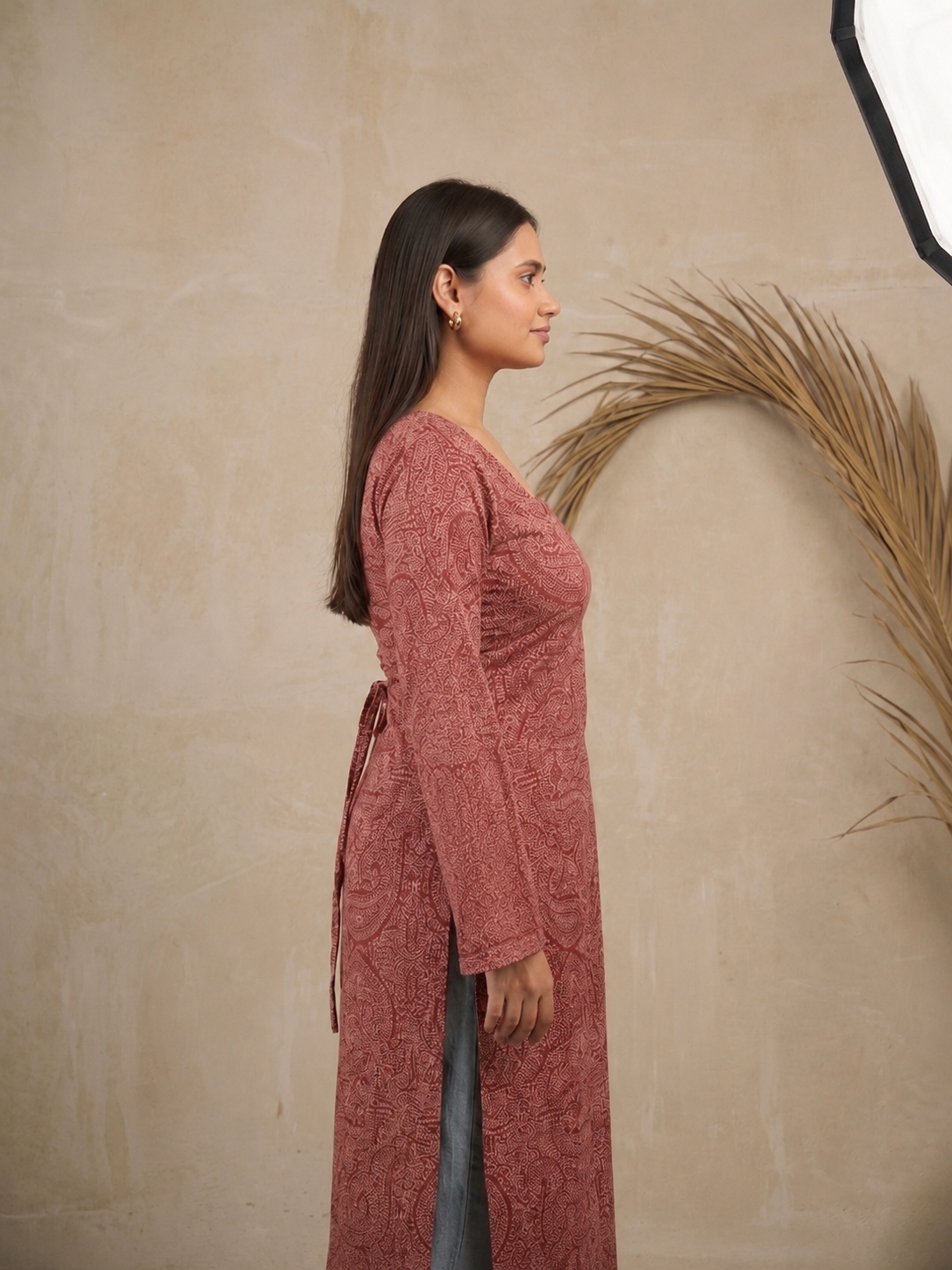 Red Paisley Print Long Square Neck Cotton Kurti