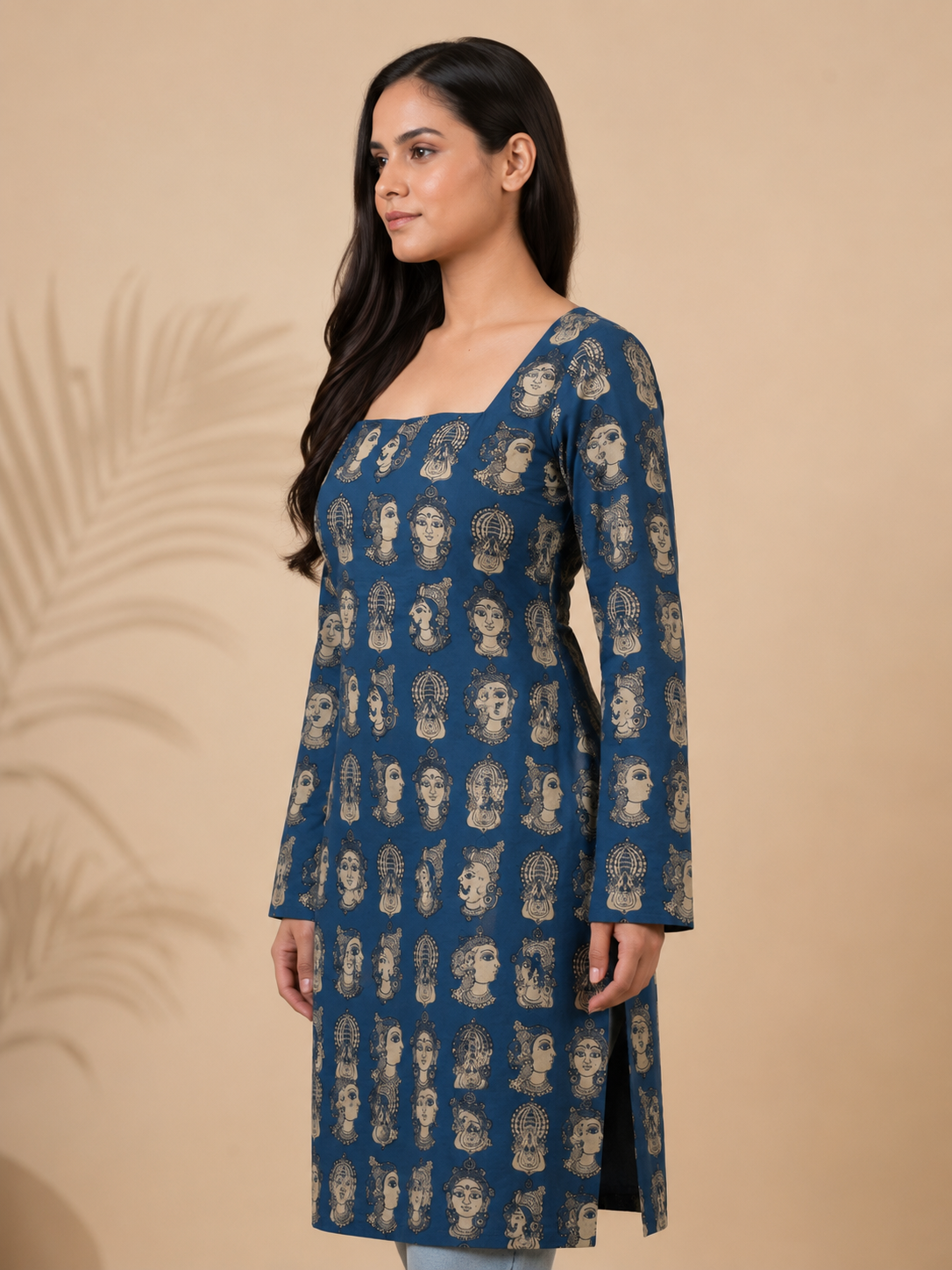 Blue Face Print Long Cotton Kurti