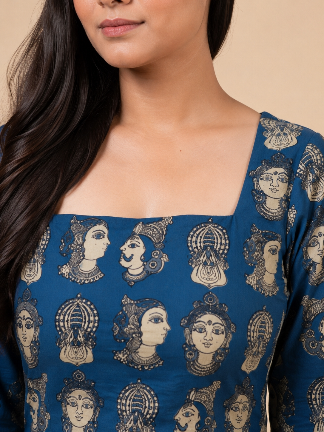 Blue Face Print Long Cotton Kurti