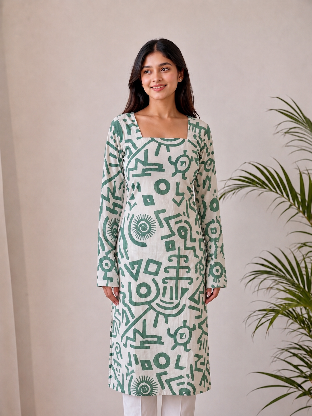 White Green Abstract Print Long Square Neck Kurti