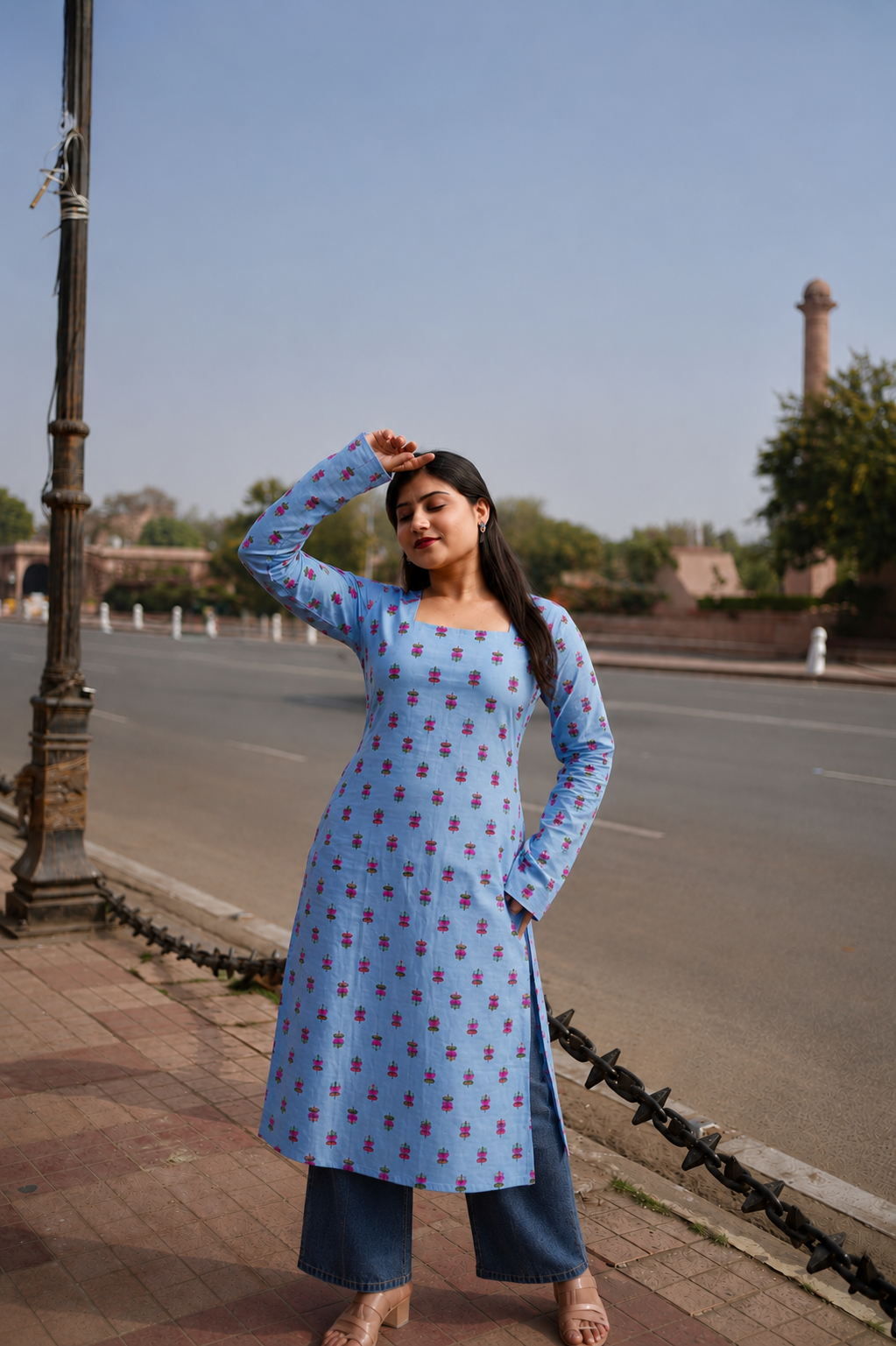 Blue Lotus Print Long Square Neck Cotton Kurti