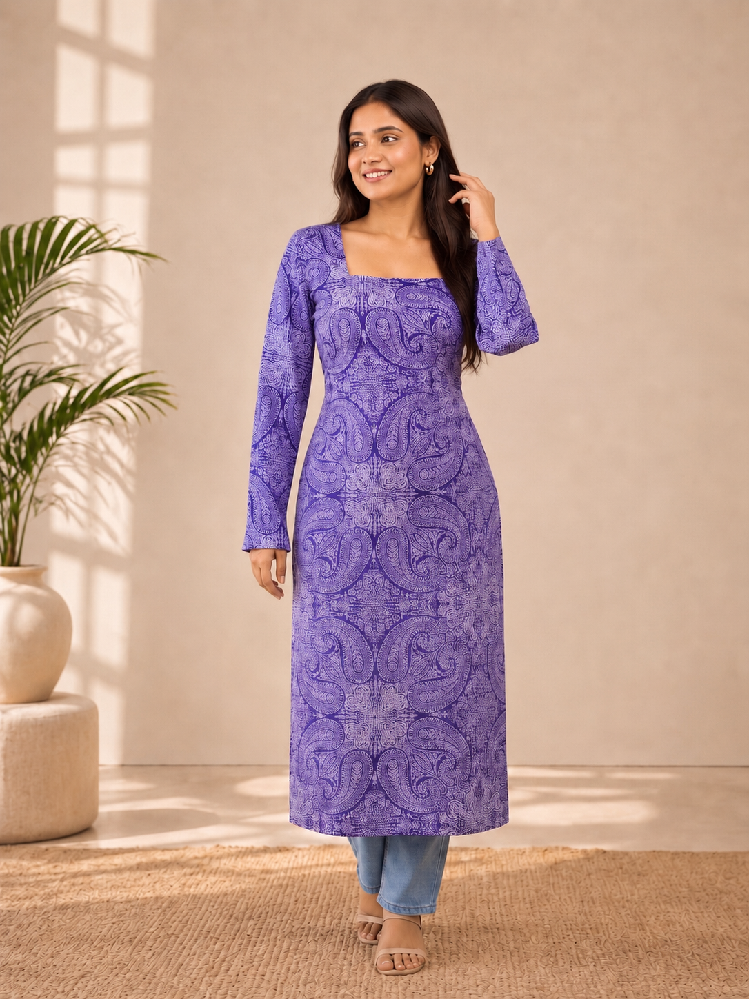 Purple Paisley Print Square Neck Long Cotton Kurti