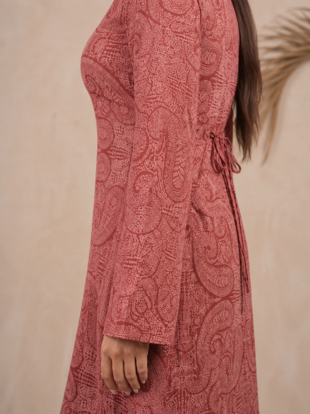 Red Paisley Print Long Square Neck Cotton Kurti