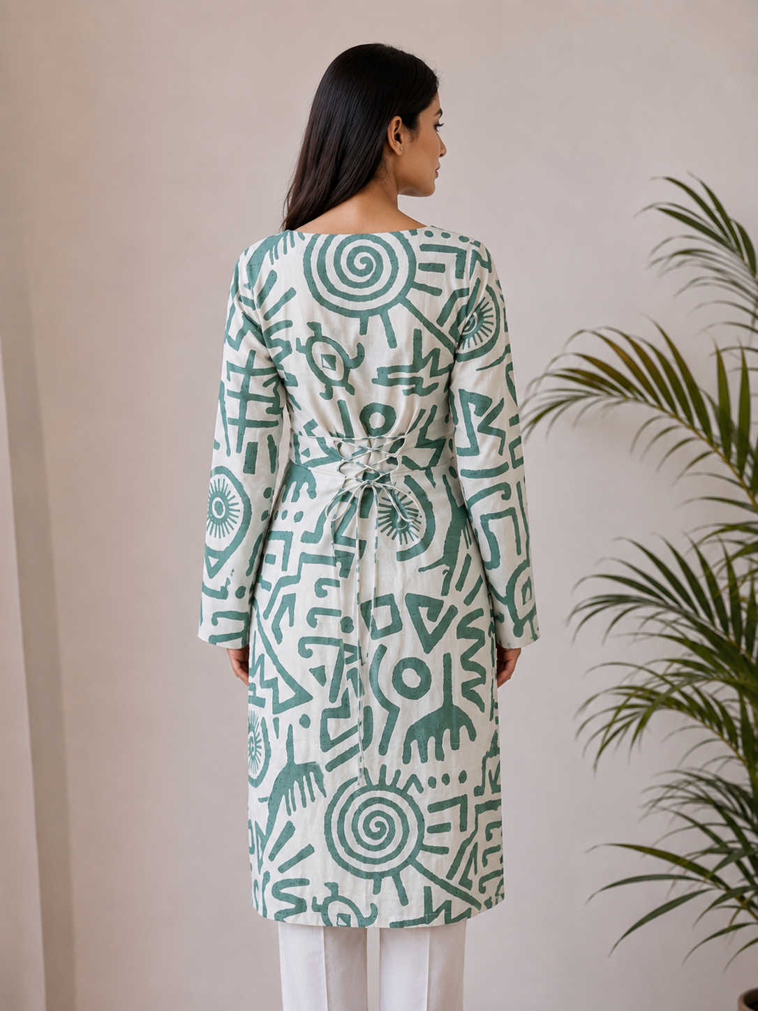 White Green Abstract Print Long Square Neck Kurti
