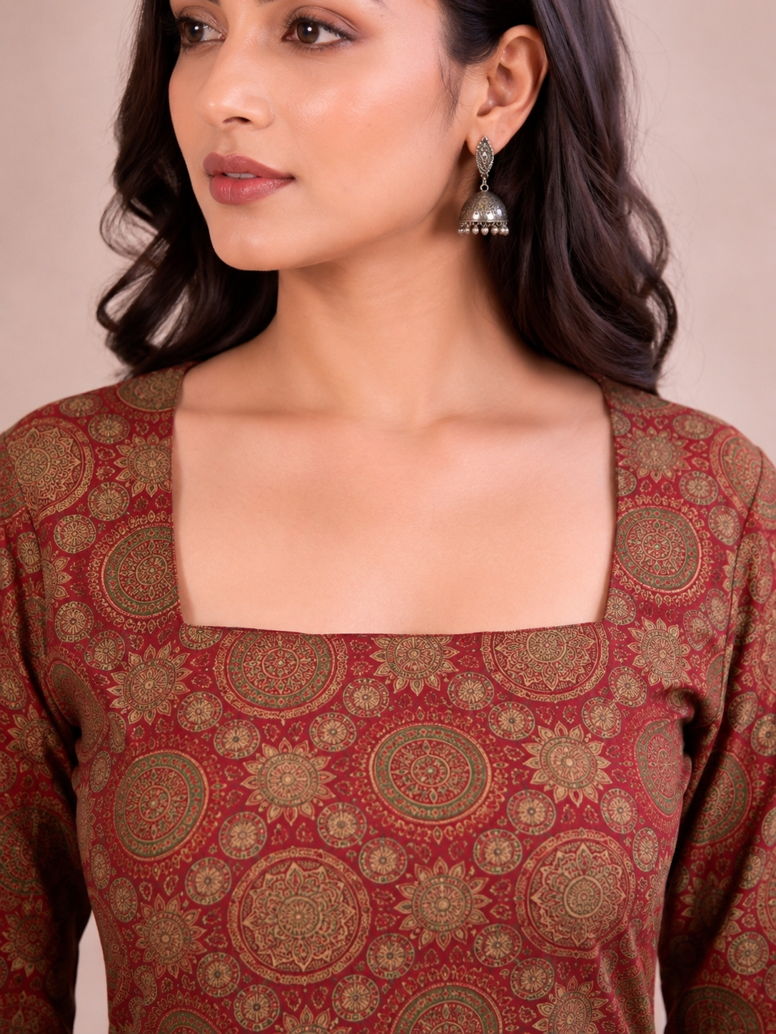 Mandala Print Square Neck Long Cotton Kurti