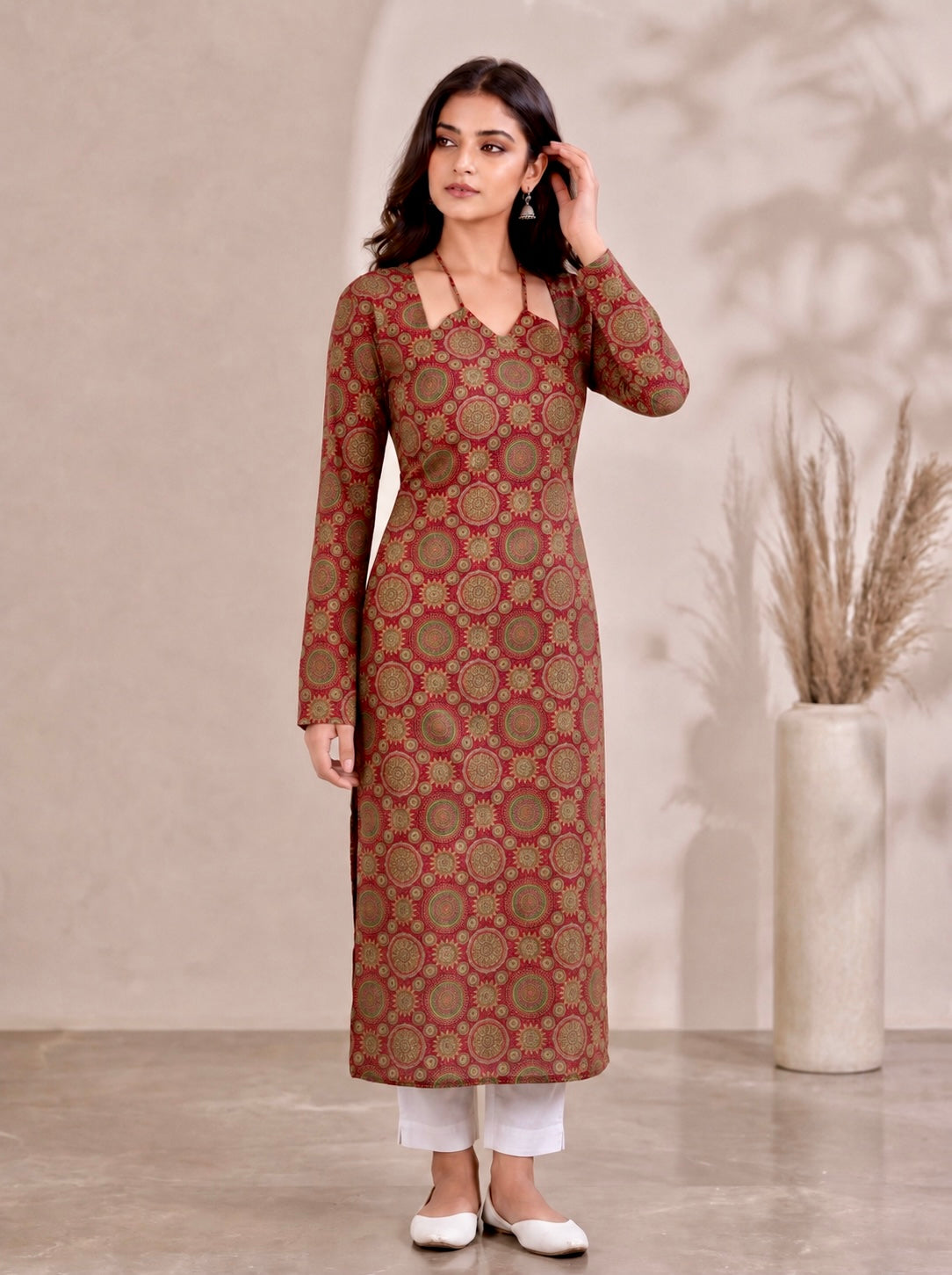 Aarika W Neck Long Kurti Cotton