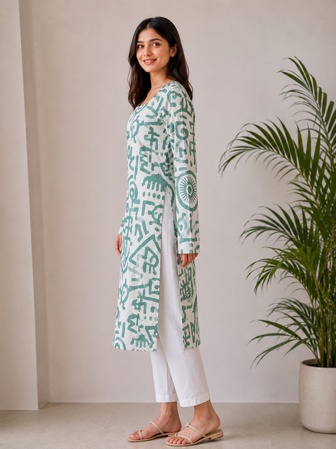 White Green Abstract Print Long Square Neck Kurti