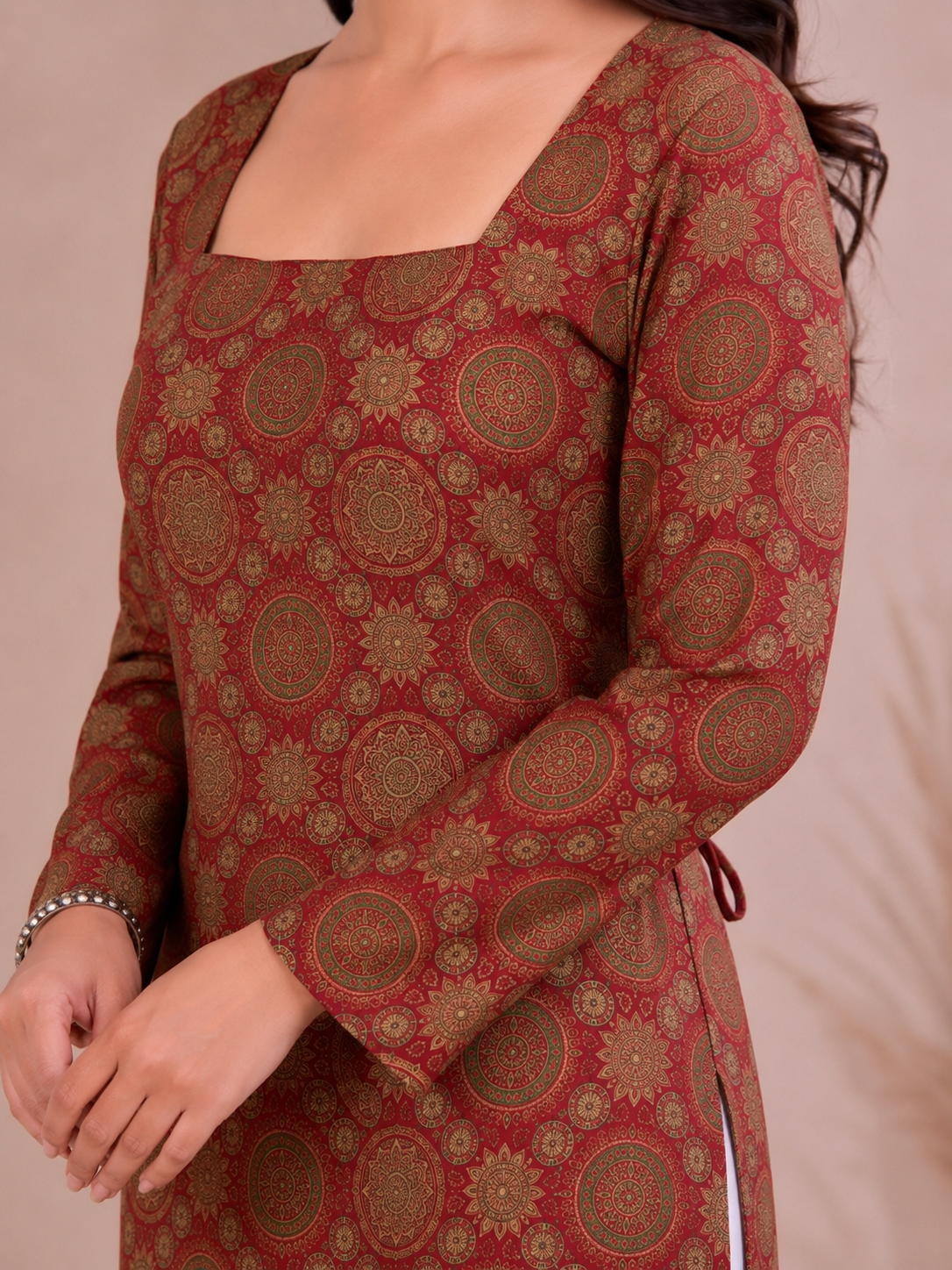 Mandala Print Square Neck Long Cotton Kurti