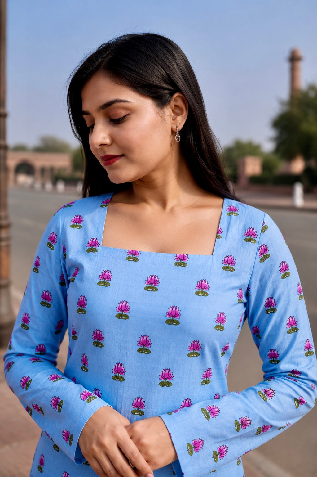 Blue Lotus Print Long Square Neck Cotton Kurti