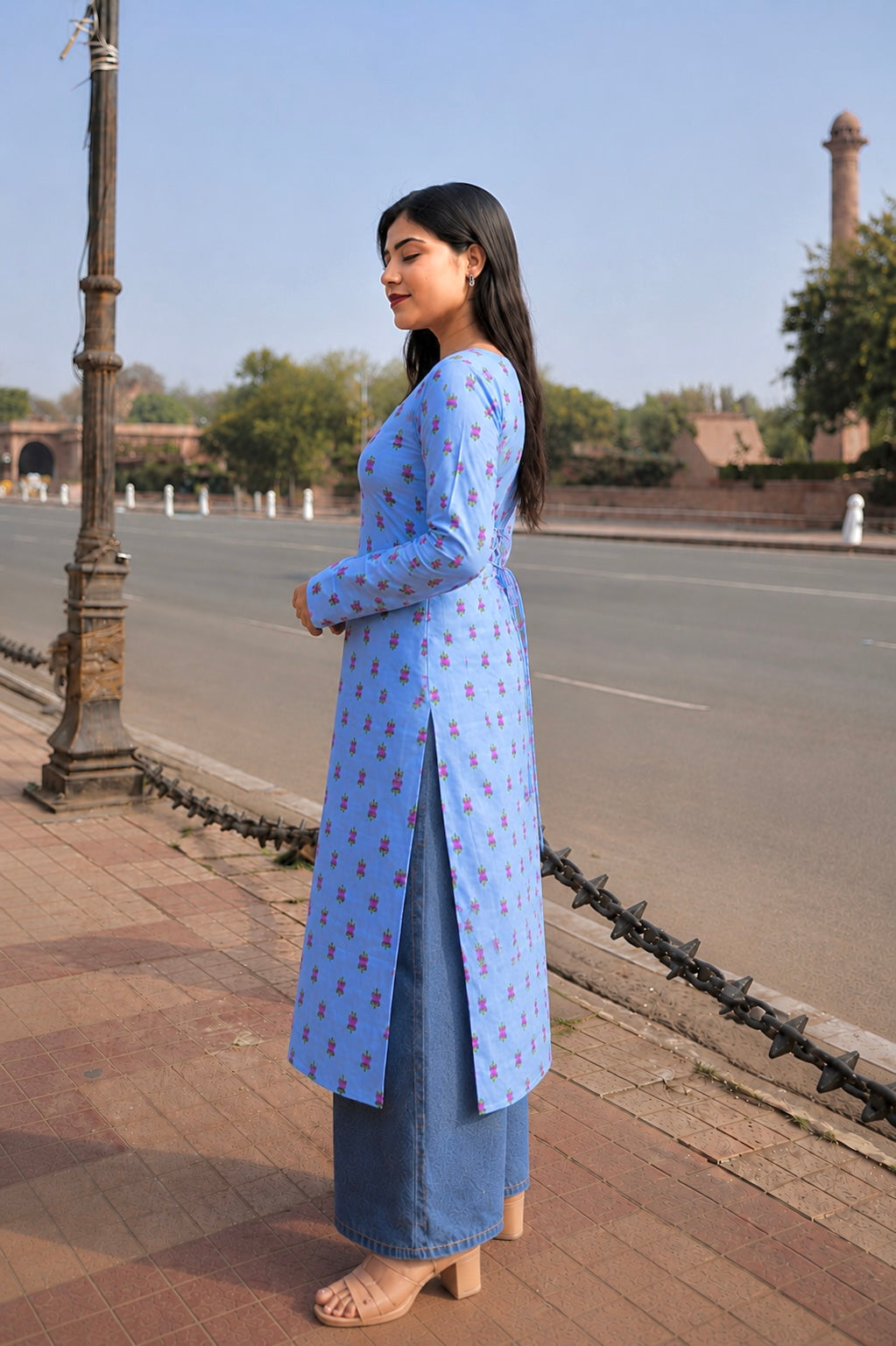 Blue Lotus Print Long Square Neck Cotton Kurti