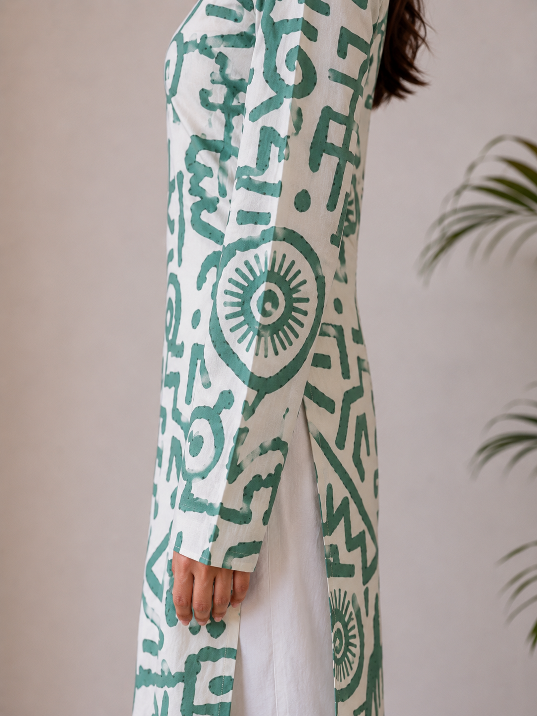 White Green Abstract Print Long Square Neck Kurti