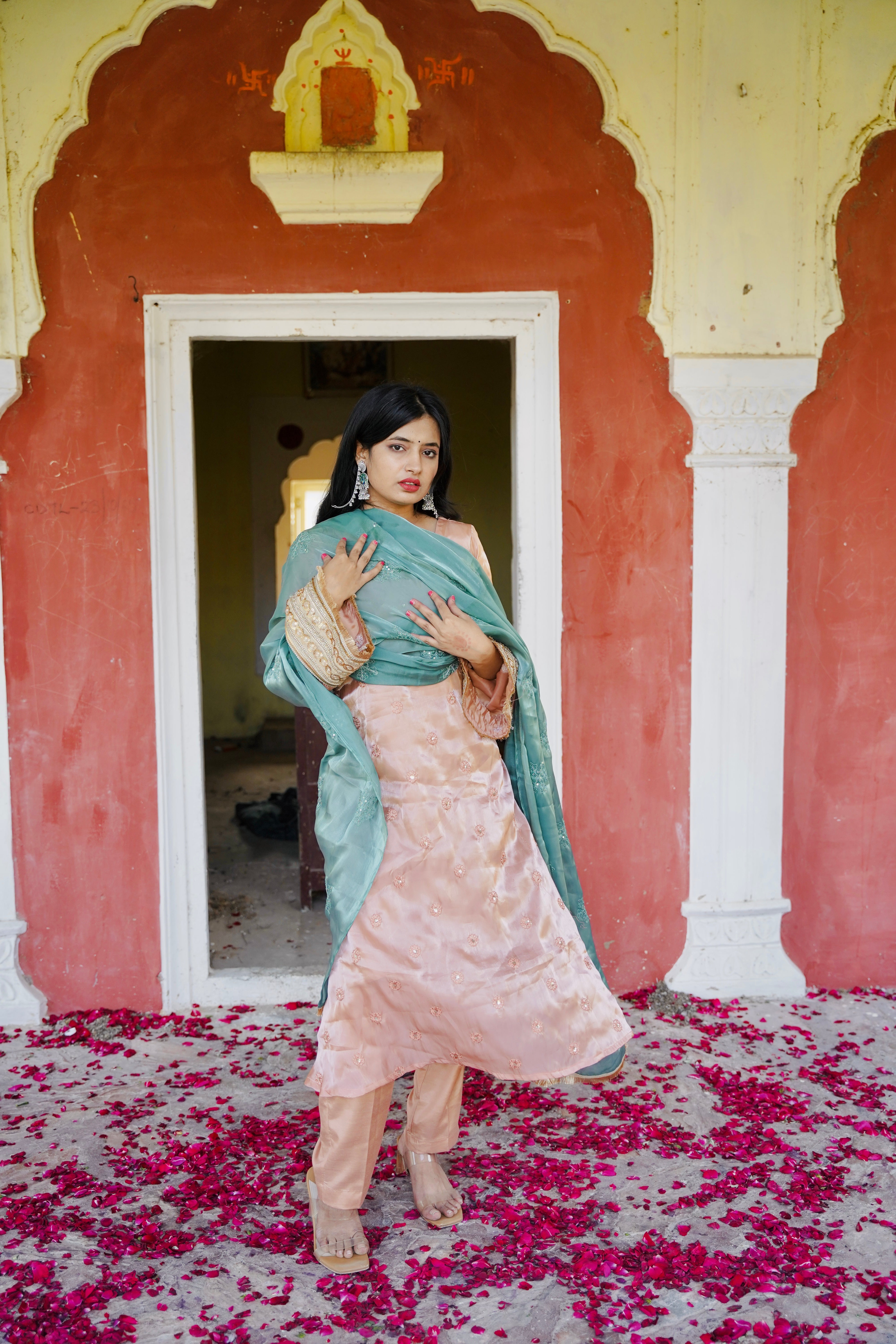 Hania Pakistani peach Suit with bell sleeves