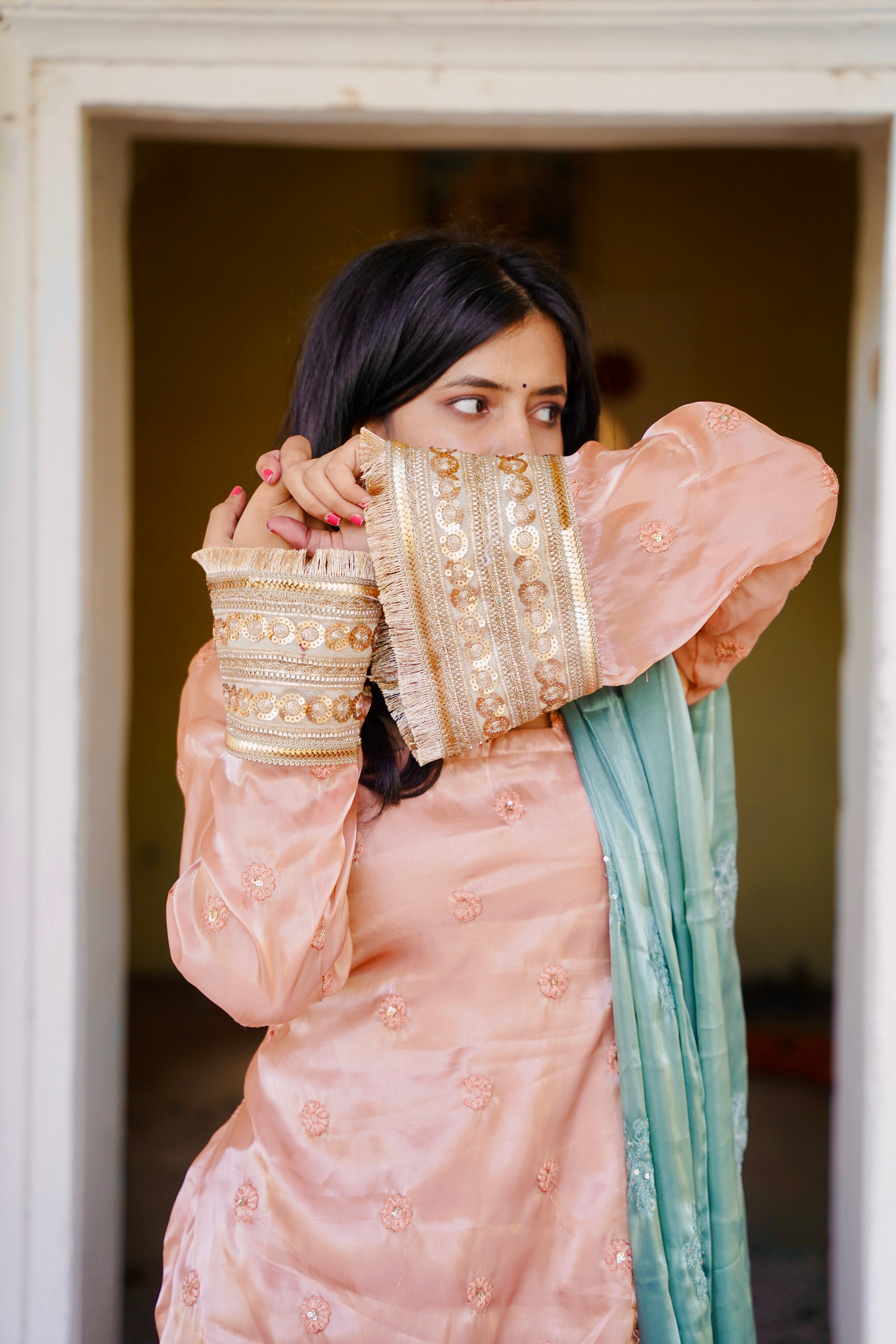 Hania Pakistani peach Suit with bell sleeves