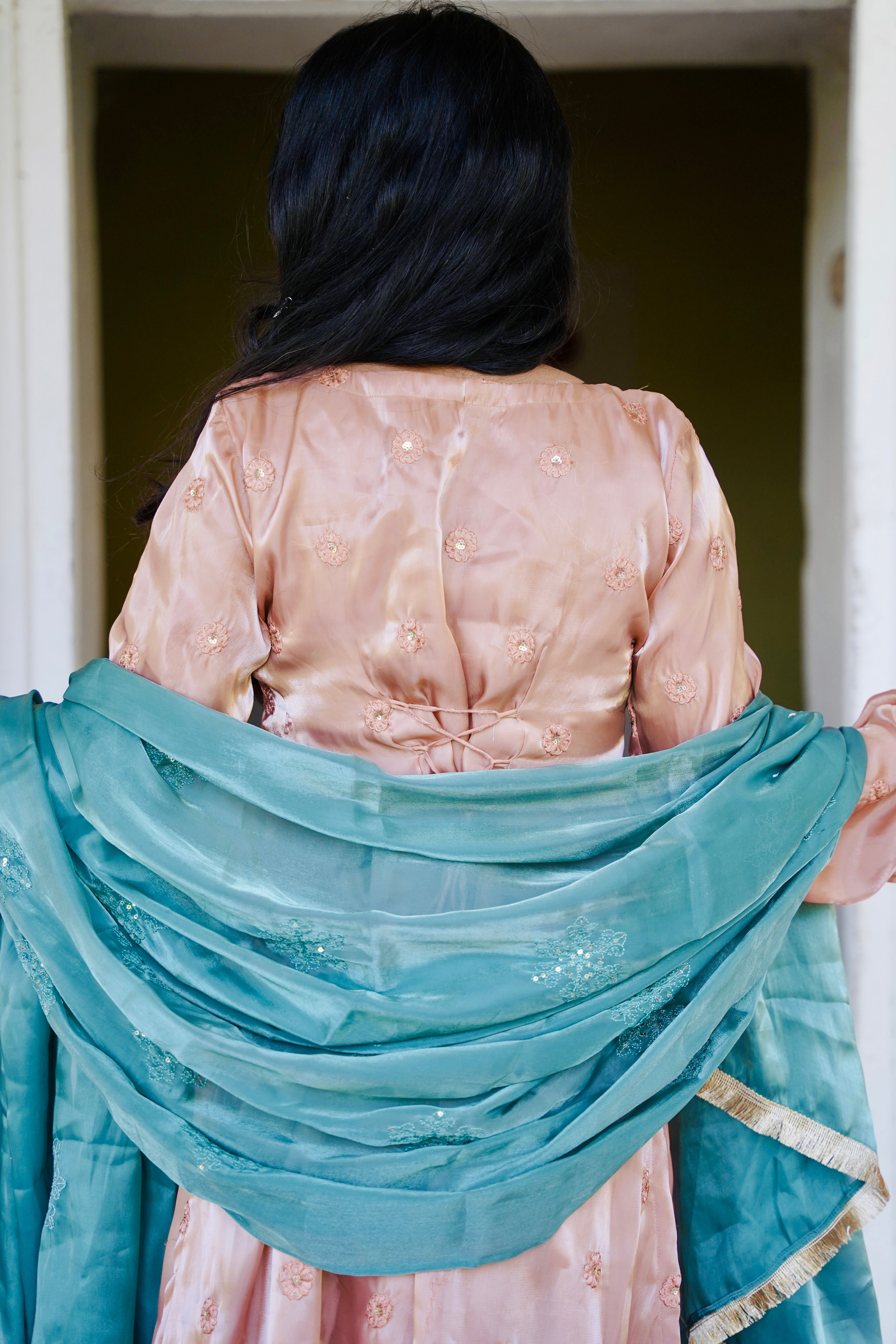 Hania Pakistani peach Suit with bell sleeves