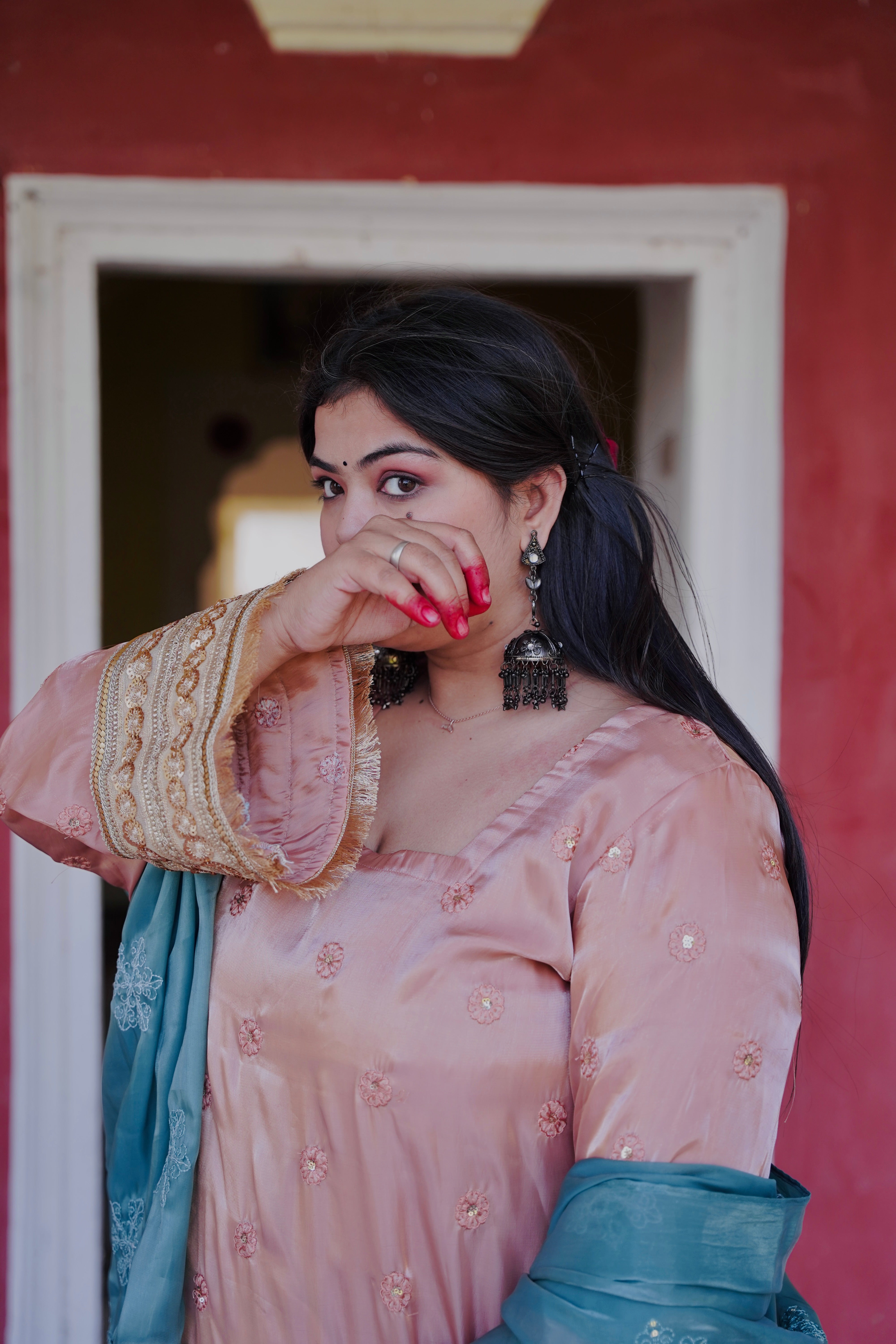 Hania Pakistani peach Suit with bell sleeves