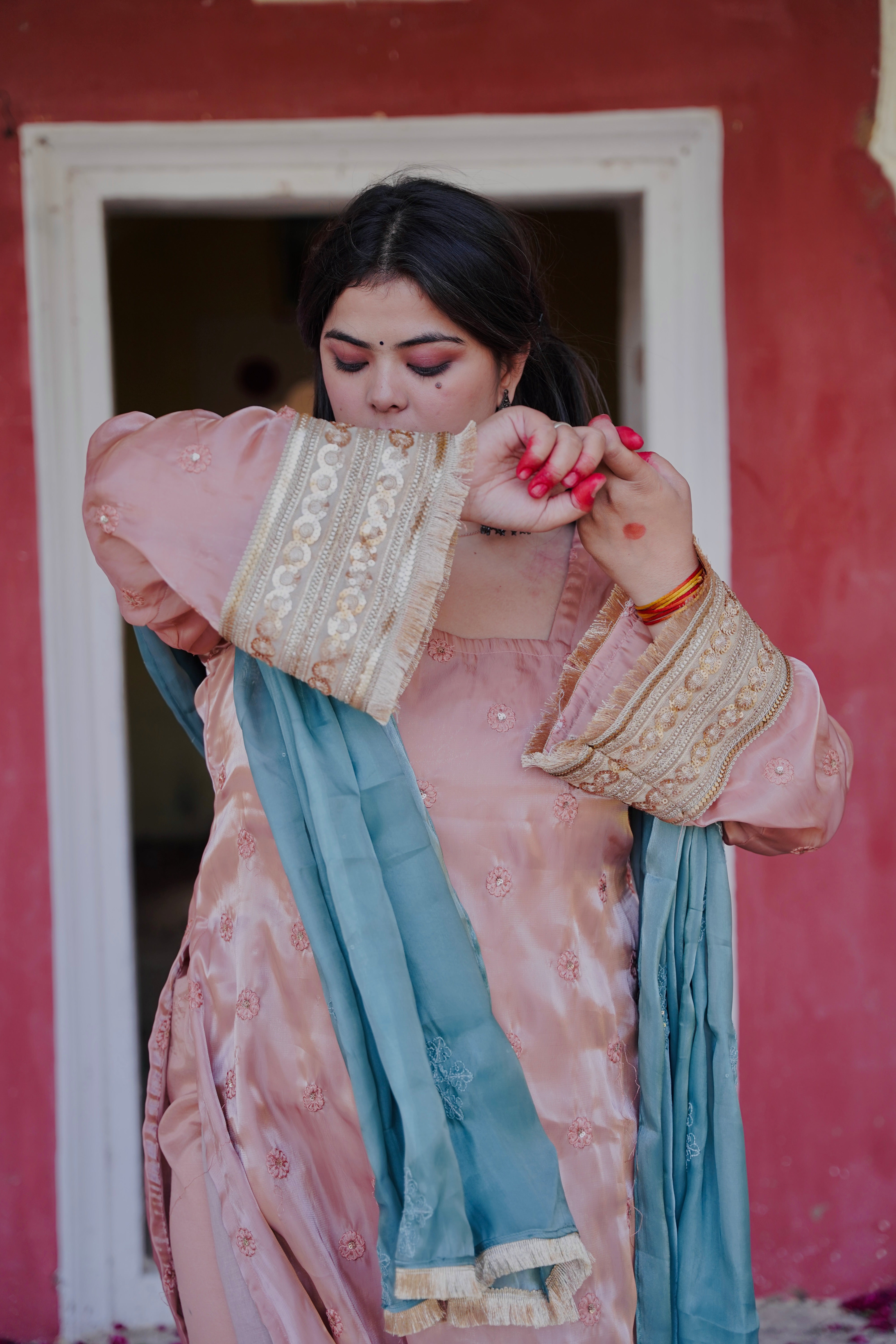 Hania Pakistani peach Suit with bell sleeves
