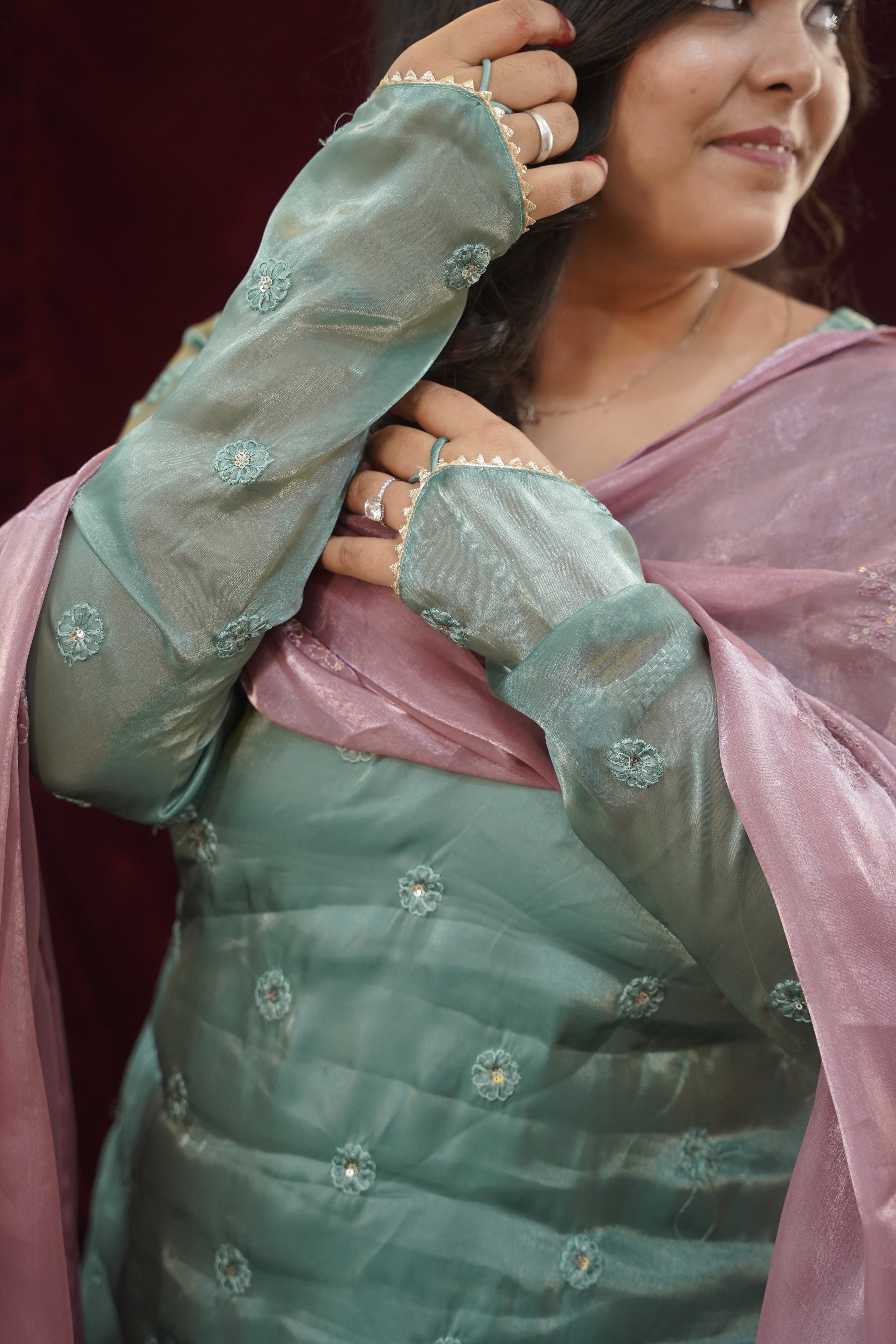 Sanjh Pakistani Suit with sleeve ring