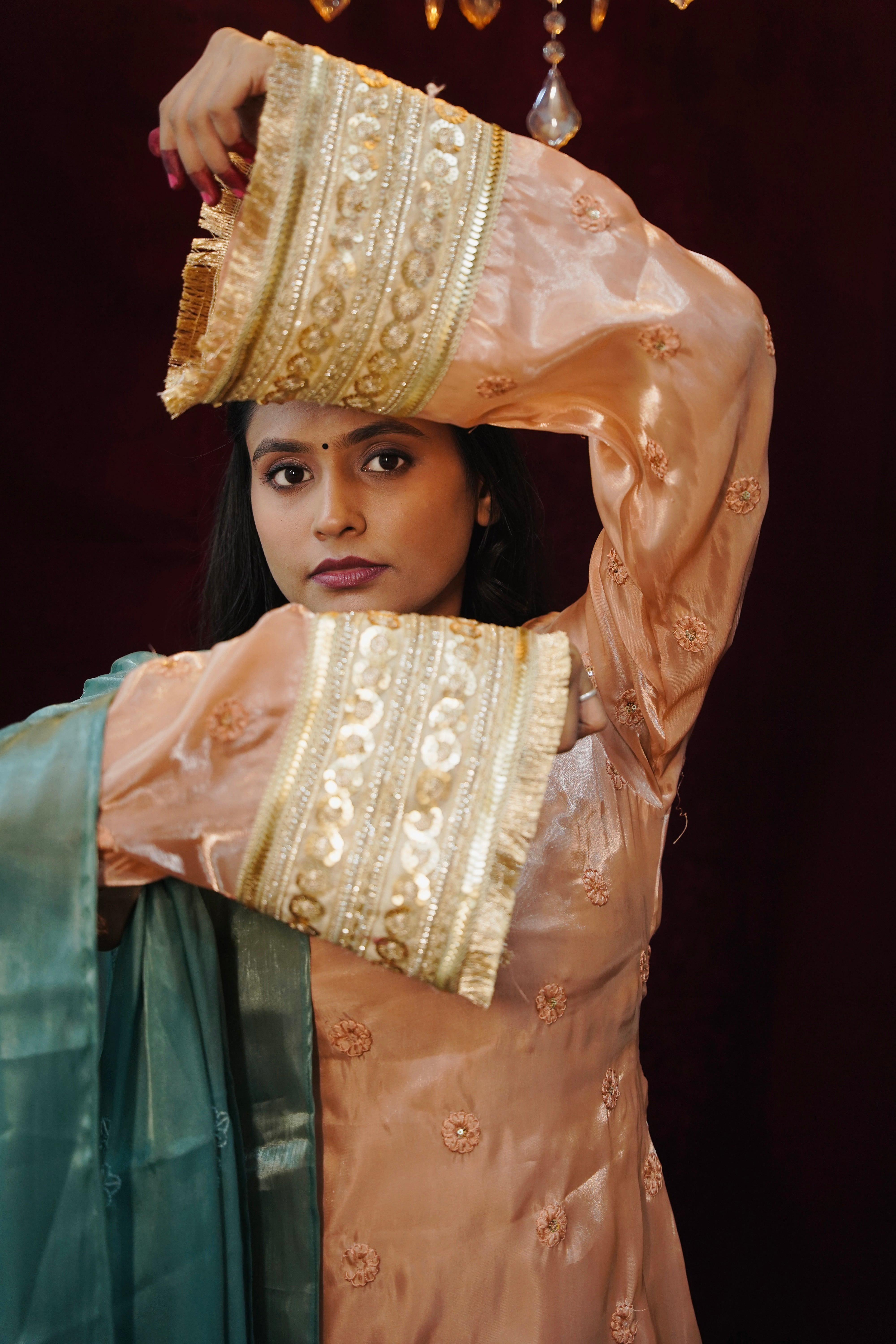 Hania Pakistani peach Suit with bell sleeves