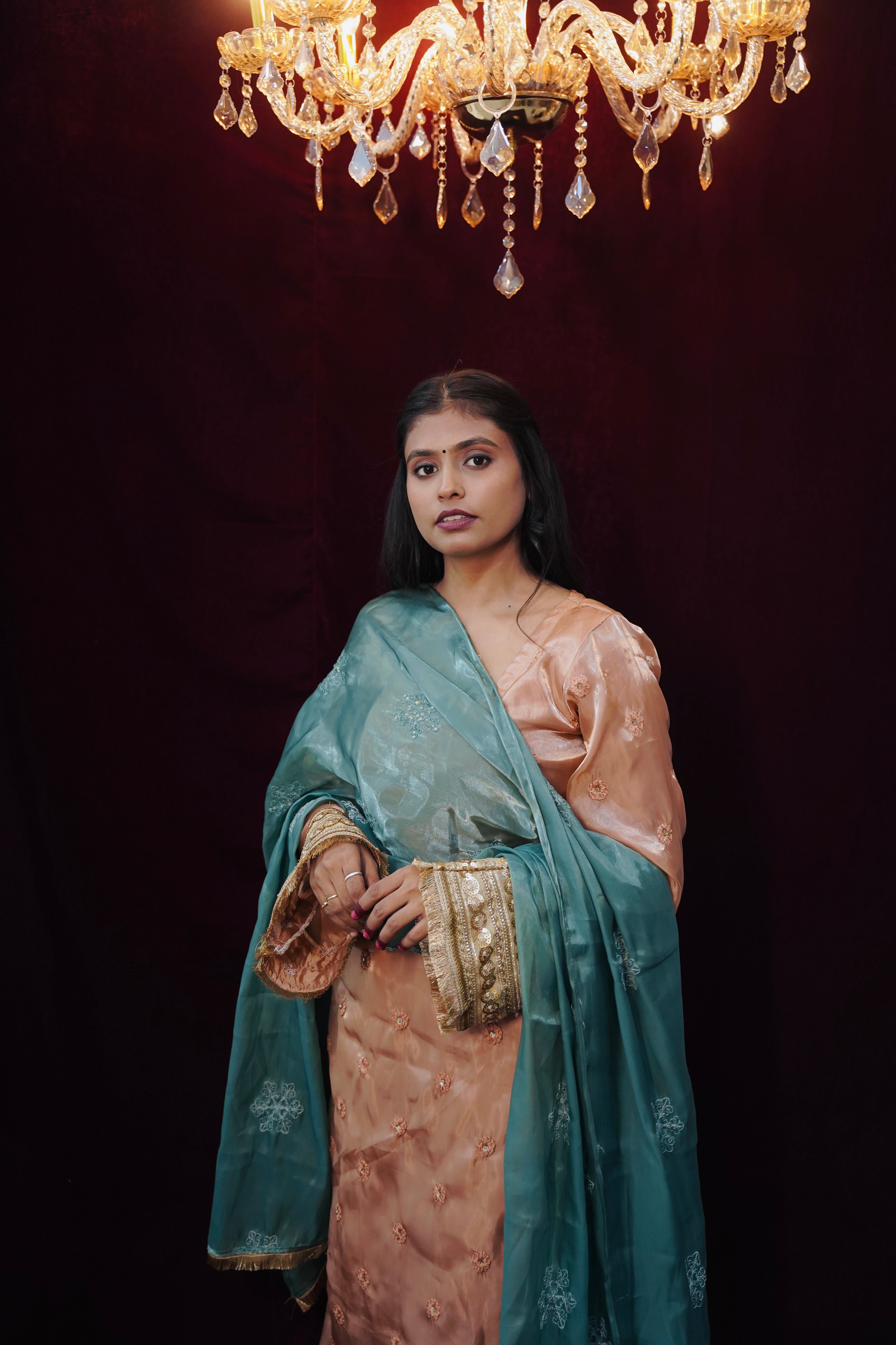 Hania Pakistani peach Suit with bell sleeves