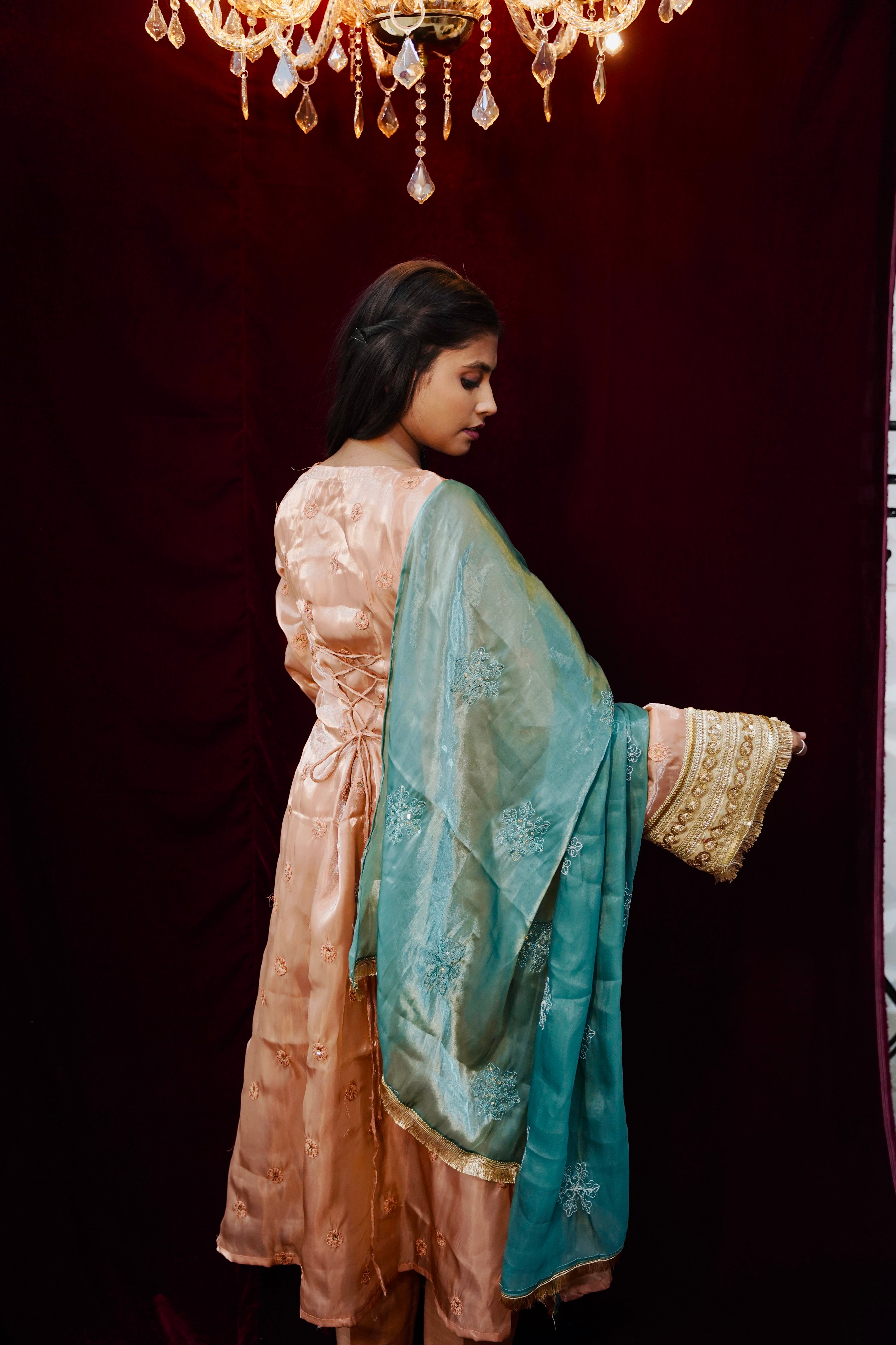 Hania Pakistani peach Suit with bell sleeves