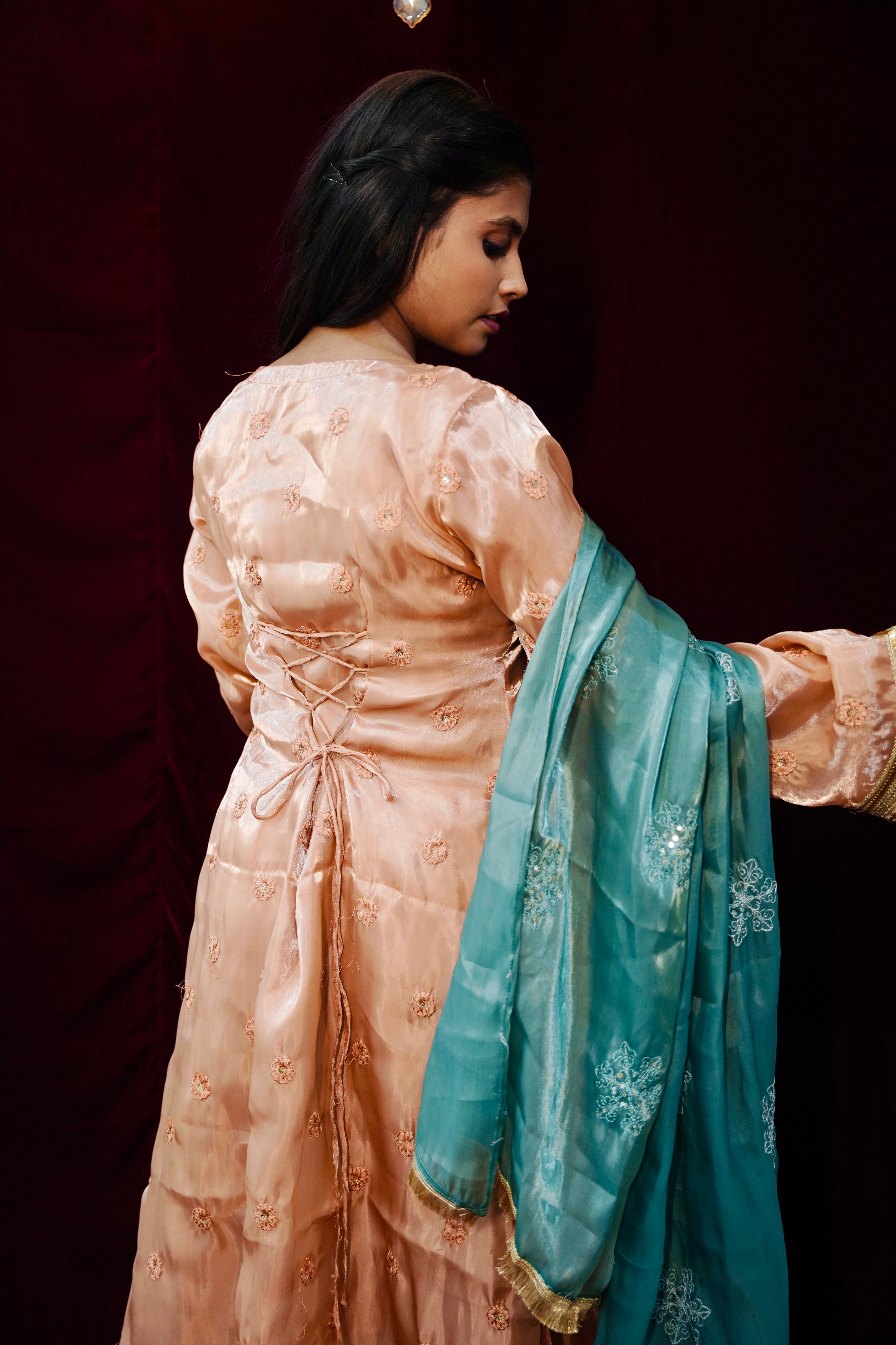 Hania Pakistani peach Suit with bell sleeves