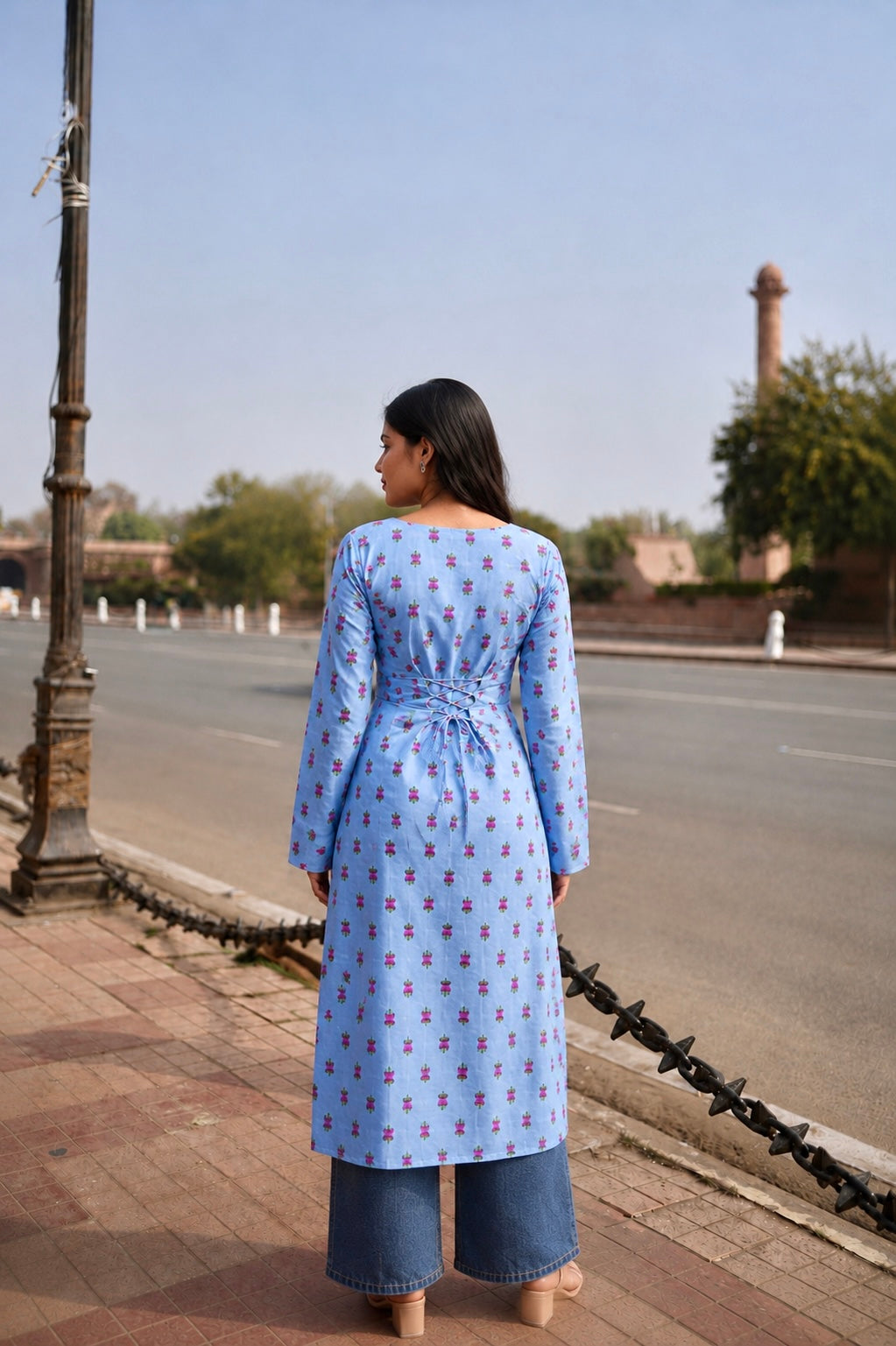 Blue Lotus Print Long Square Neck Cotton Kurti
