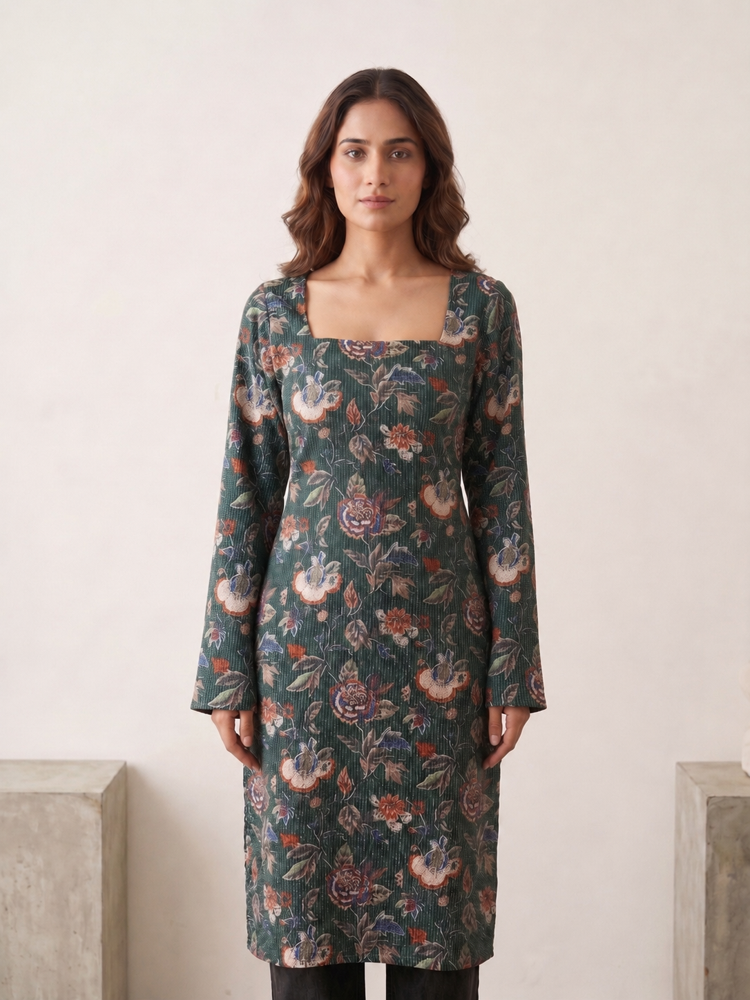 Forest Green Floral Kantha Cotton Long Kurti