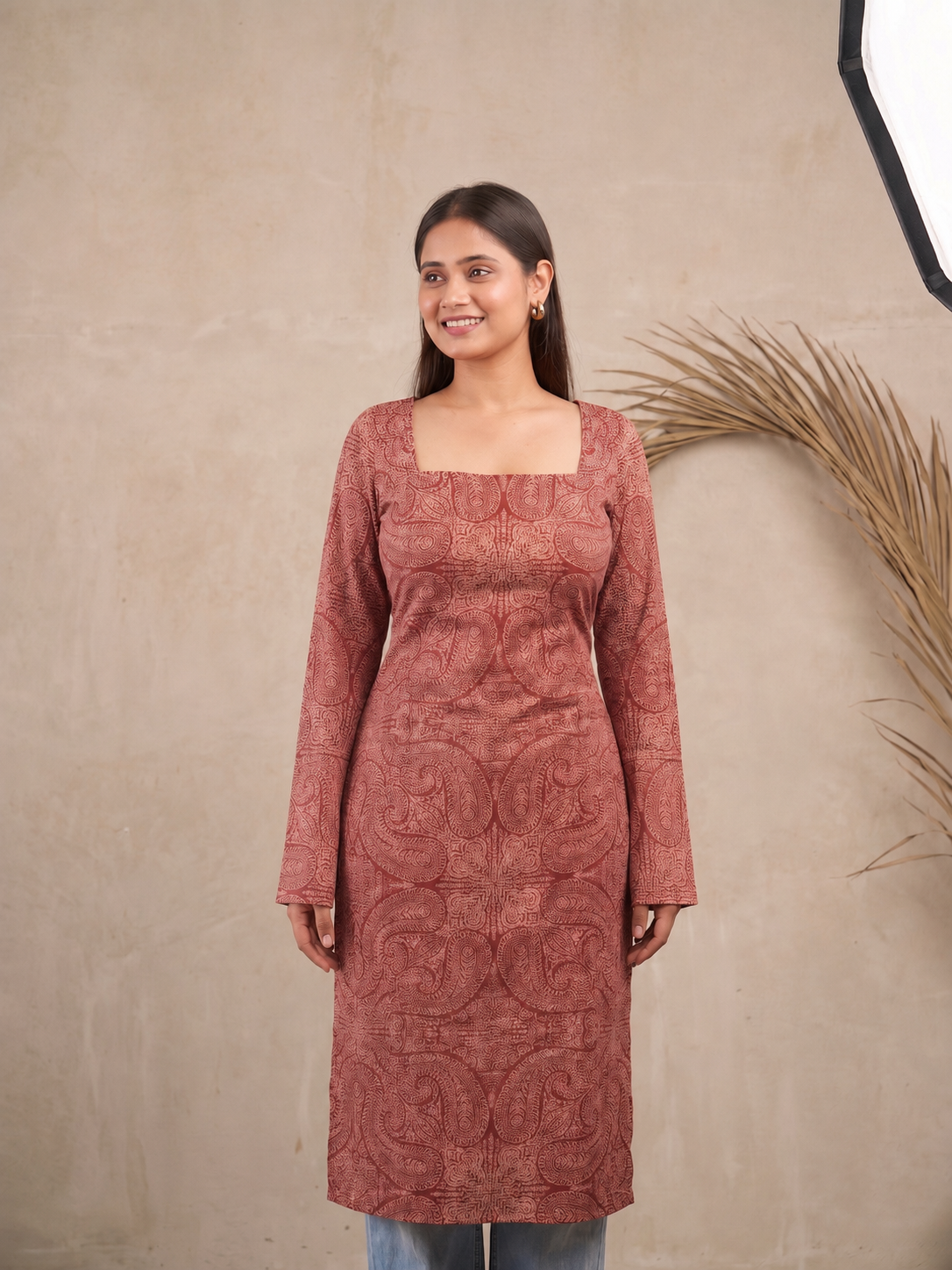 Red Paisley Print Long Square Neck Cotton Kurti