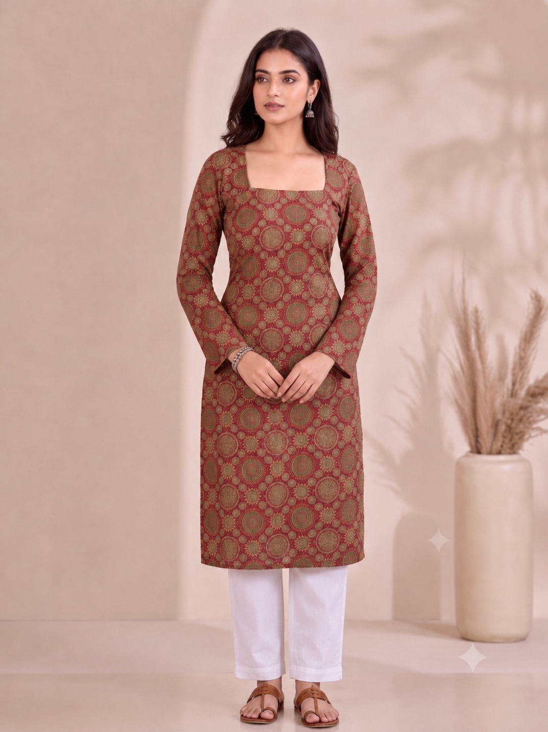 Mandala Print Square Neck Long Cotton Kurti