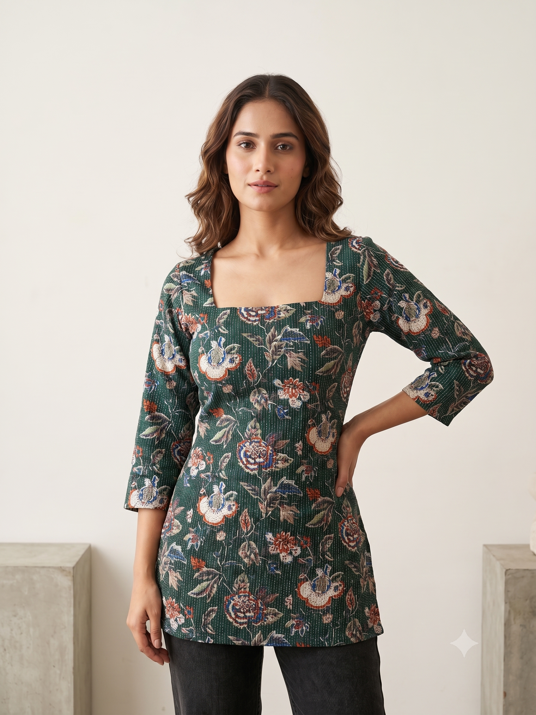 Green Floral Kantha Cotton Kurti