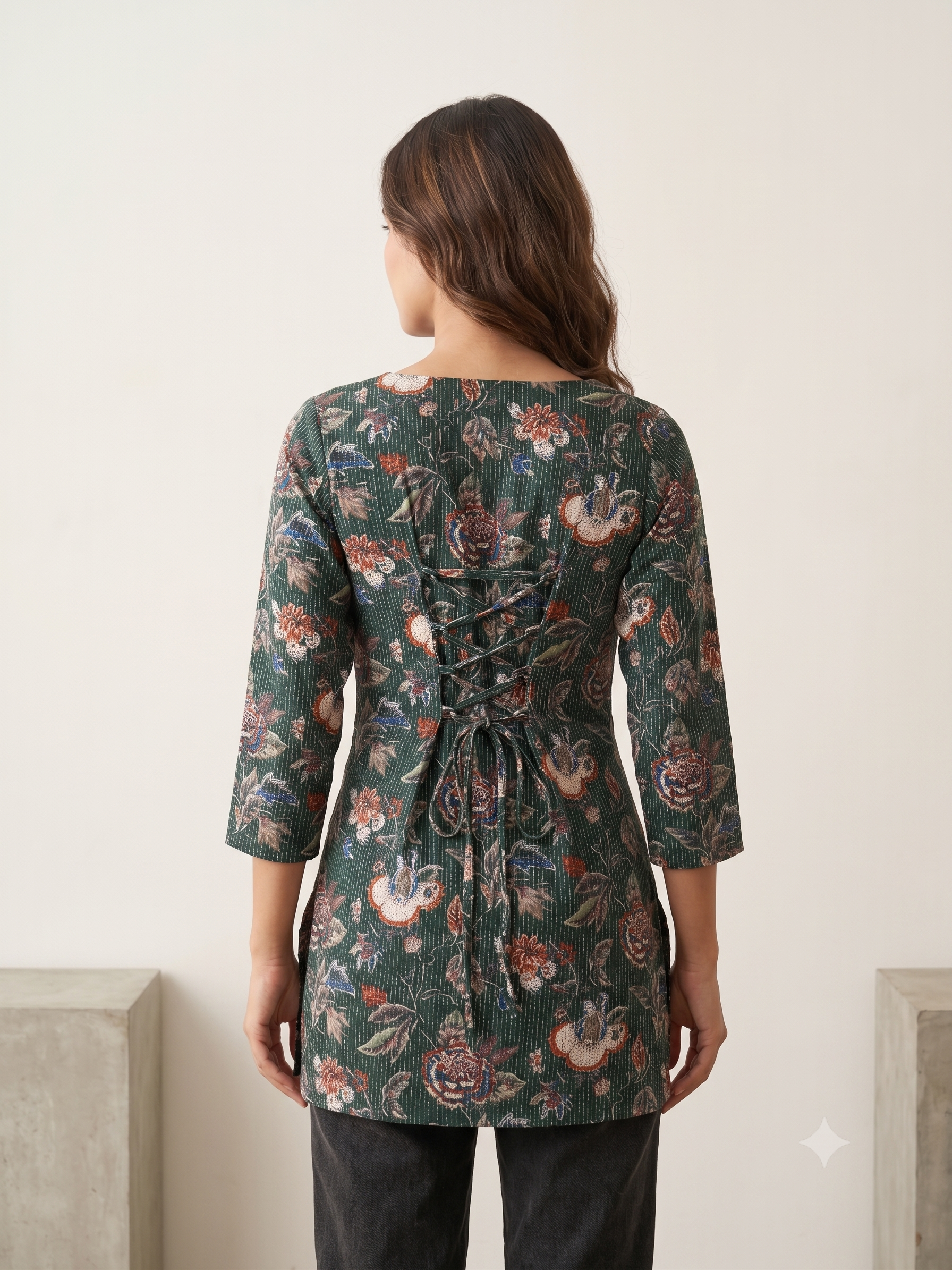 Green Floral Kantha Cotton Kurti