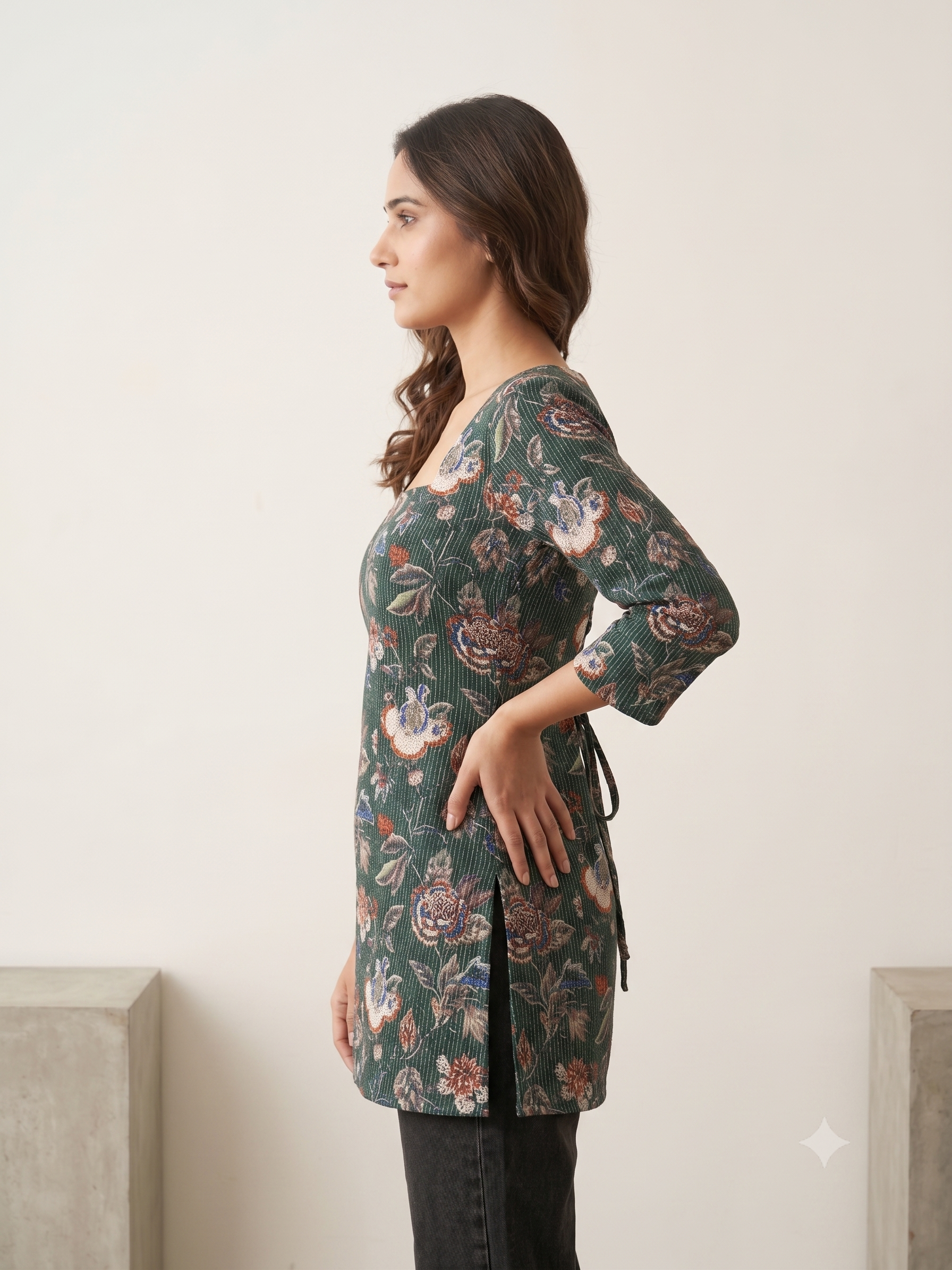 Green Floral Kantha Cotton Kurti