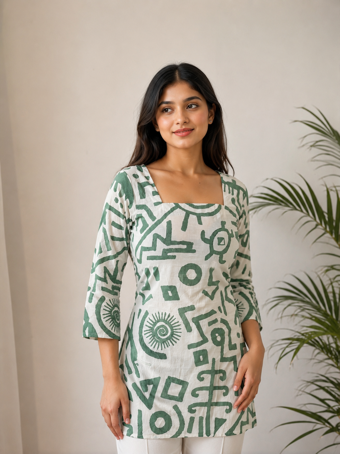 Chitrakala Short Kurti - White Green