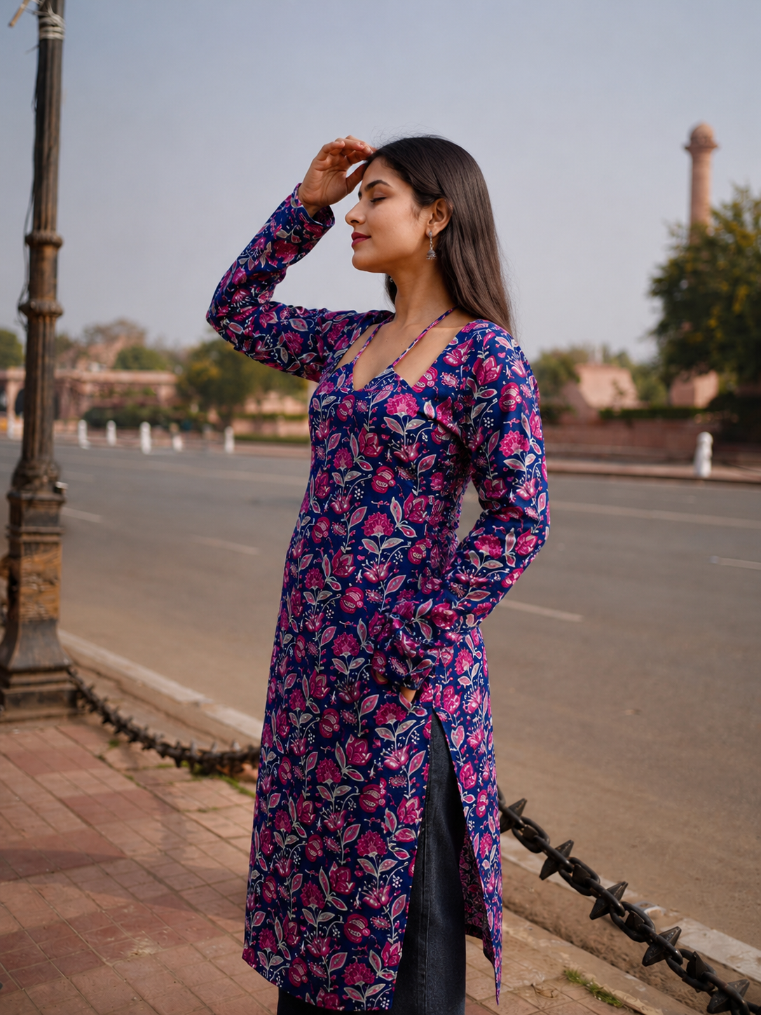 Blue Pink W Neck Floral Print  Long Kurti