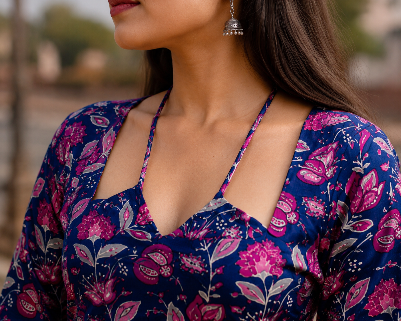 Blue Pink W Neck Floral Print  Long Kurti