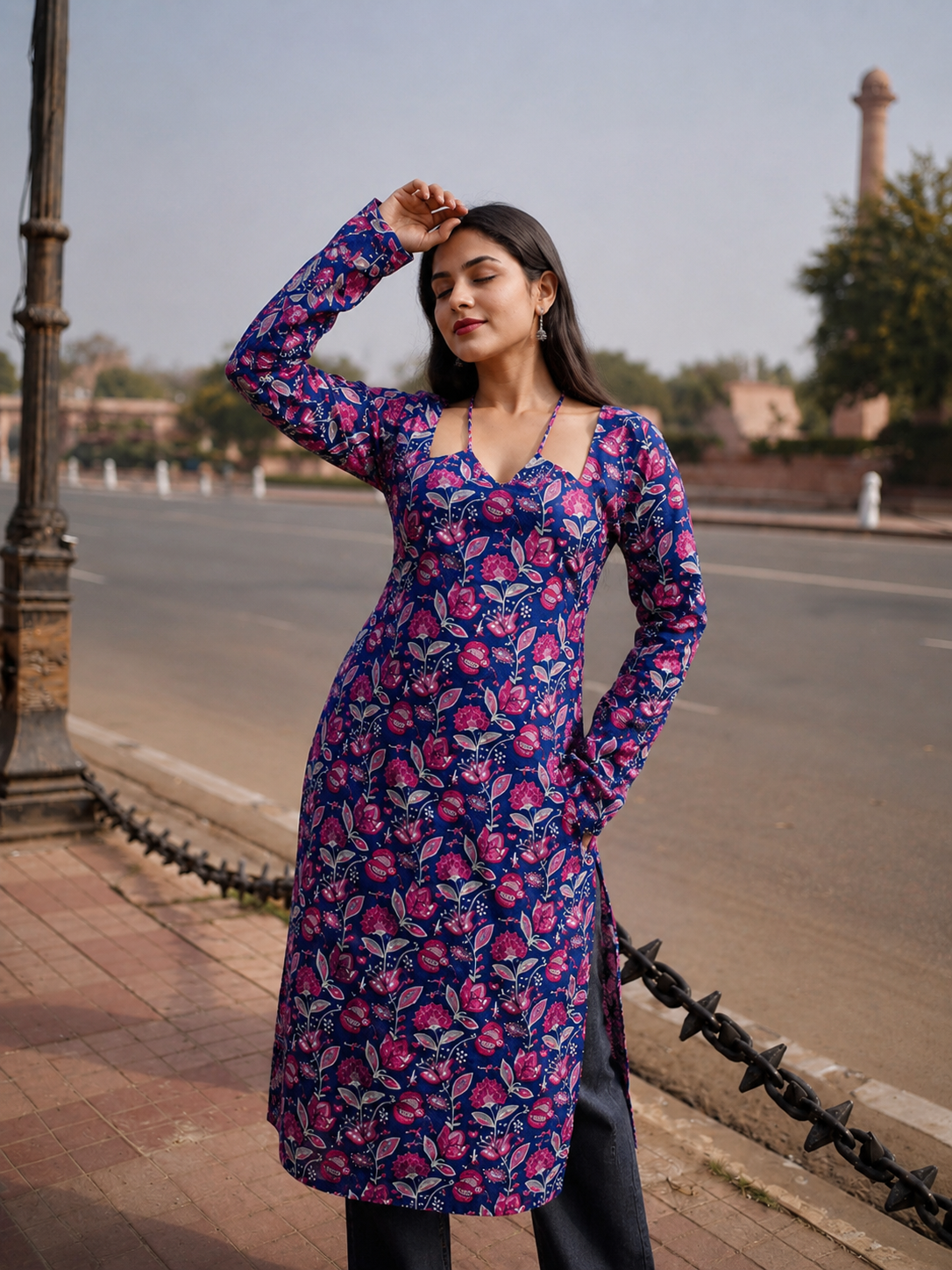 Blue Pink W Neck Floral Print  Long Kurti