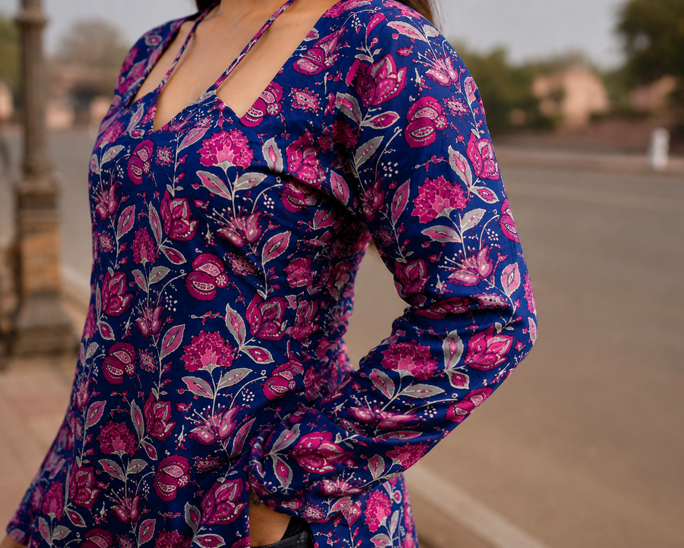 Blue Pink W Neck Floral Print  Long Kurti