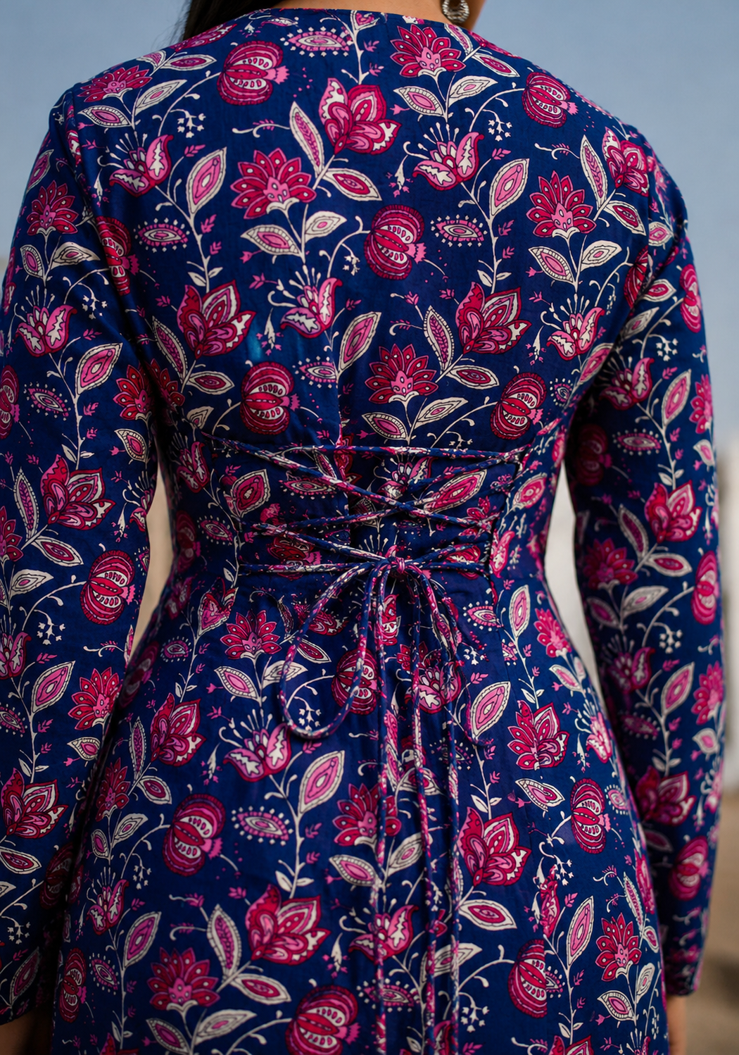 Blue Pink W Neck Floral Print  Long Kurti